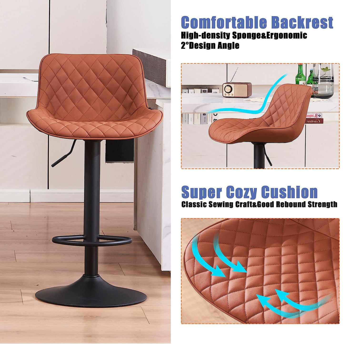Grey Bar Stools Set of 2 Counter Height Bar Stool Faux Leather Upholstered Metal Barstools Modern Adjustable Swivel High Back Bar Chairs Home Kitchen Dining Island