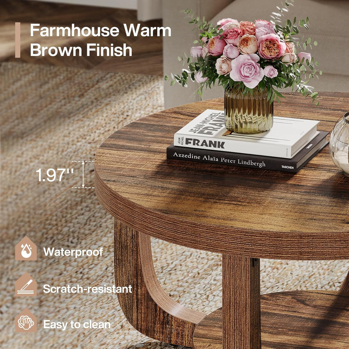 31.5" Round Coffee Table, Modern 2-Tier Circle Center Table with Storage