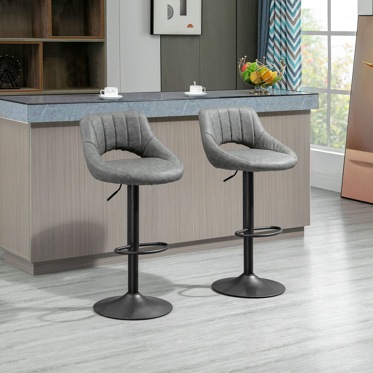 Bar Stools Set of 2, Swivel Counter Height Barstools with Adjustable Height, Faux Leather Upholstered Bar Chairs with Round Metal Base and Footrest, Grey