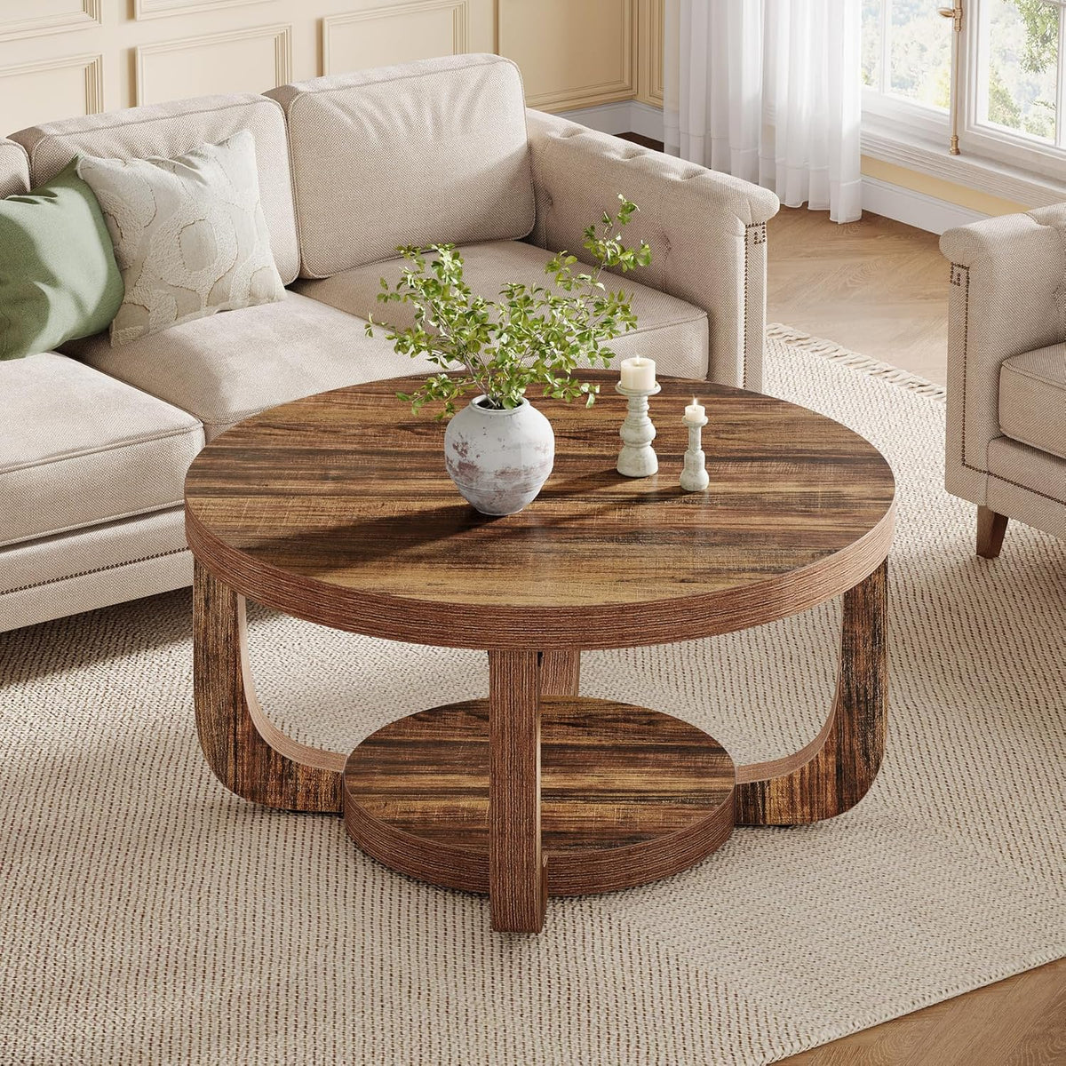 31.5" Round Coffee Table, Modern 2-Tier Circle Center Table with Storage