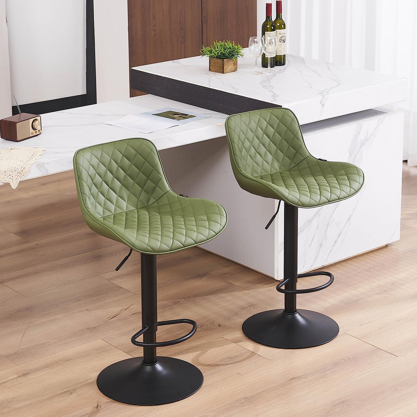 Grey Bar Stools Set of 2 Counter Height Bar Stool Faux Leather Upholstered Metal Barstools Modern Adjustable Swivel High Back Bar Chairs Home Kitchen Dining Island