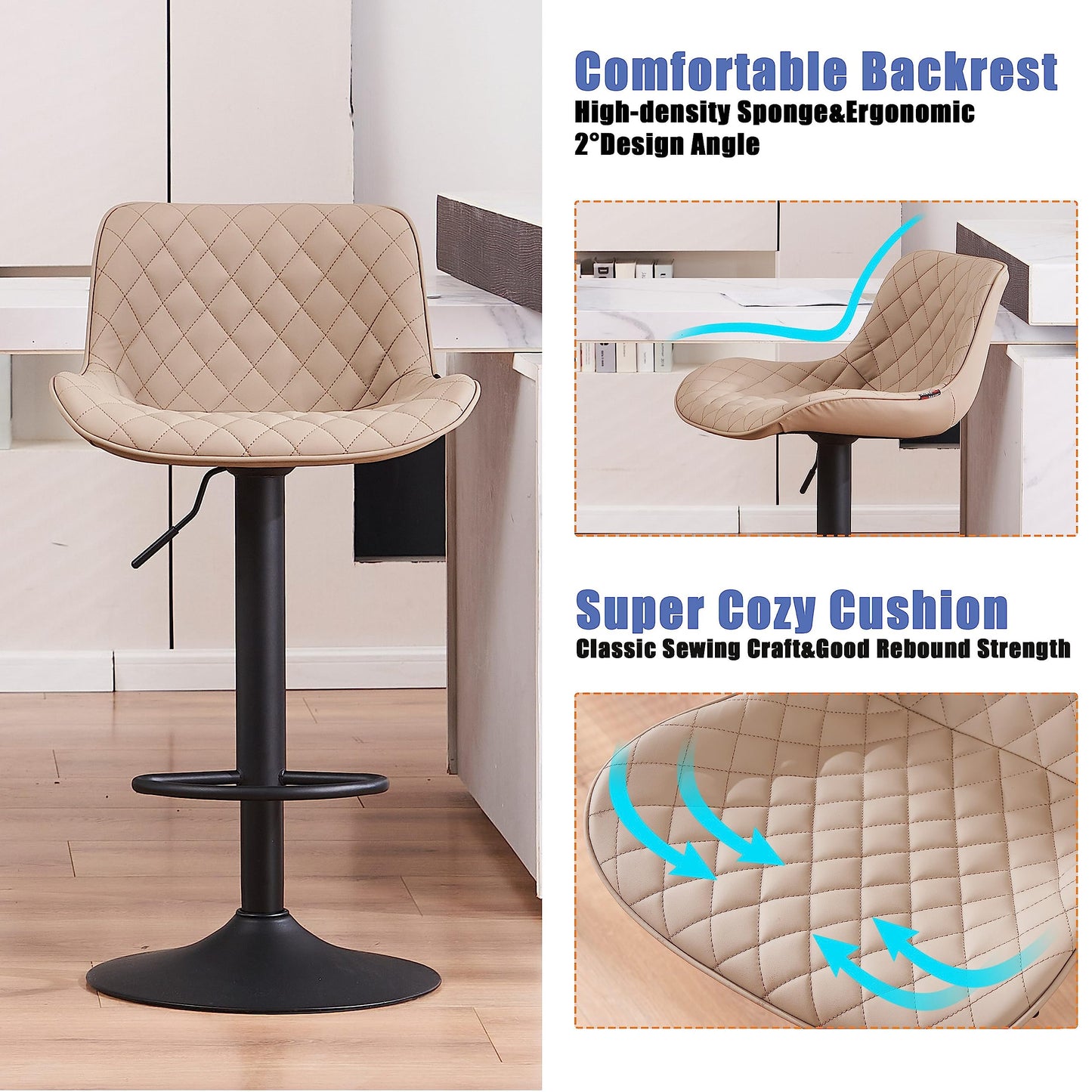 Grey Bar Stools Set of 2 Counter Height Bar Stool Faux Leather Upholstered Metal Barstools Modern Adjustable Swivel High Back Bar Chairs Home Kitchen Dining Island