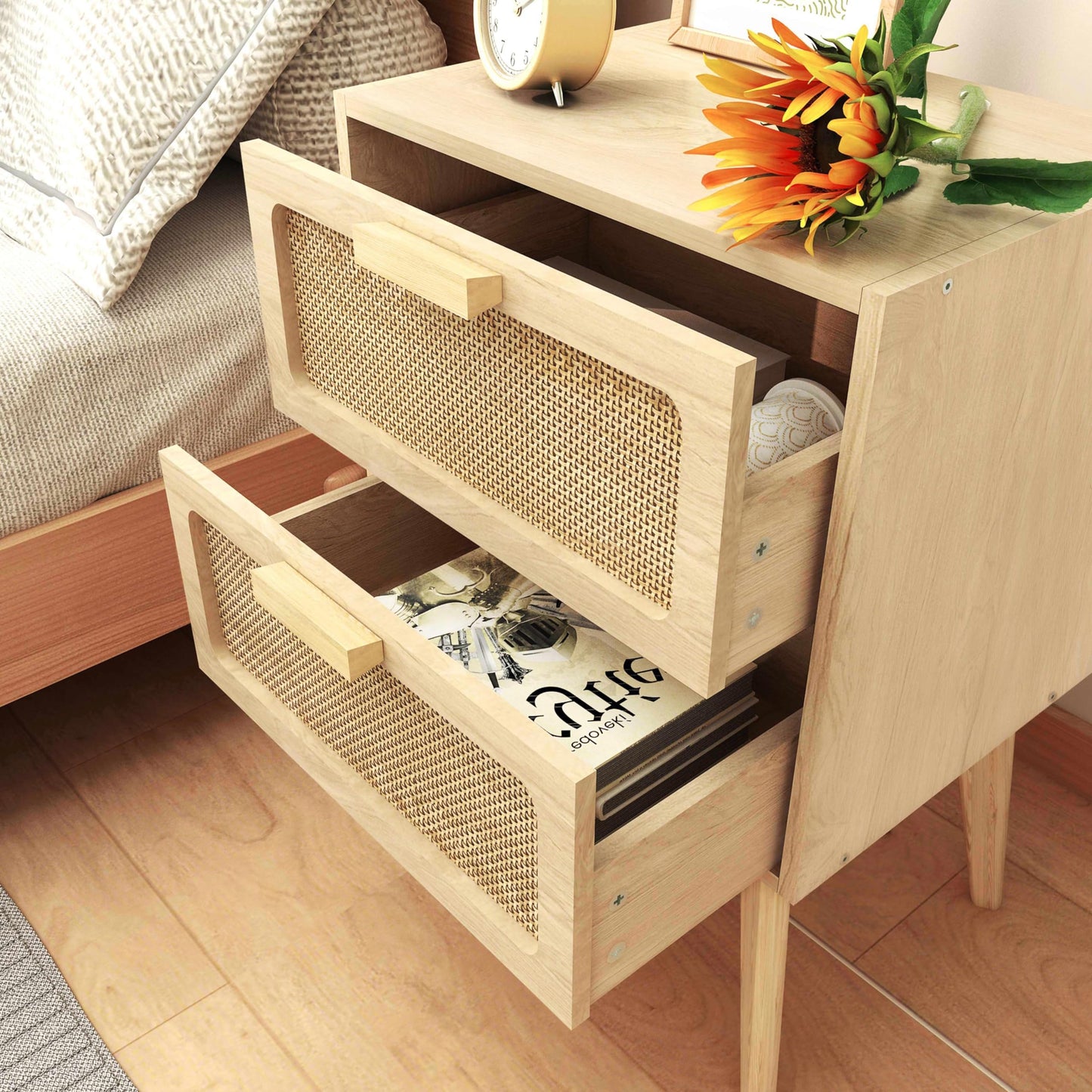 Rattan Nightstand,End Table with Rattan Door, Boho Bedside Table,Rattan Nightstand for Living Room,Bedroom,Dorm and Small Spaces,Natural CAACTG11Y