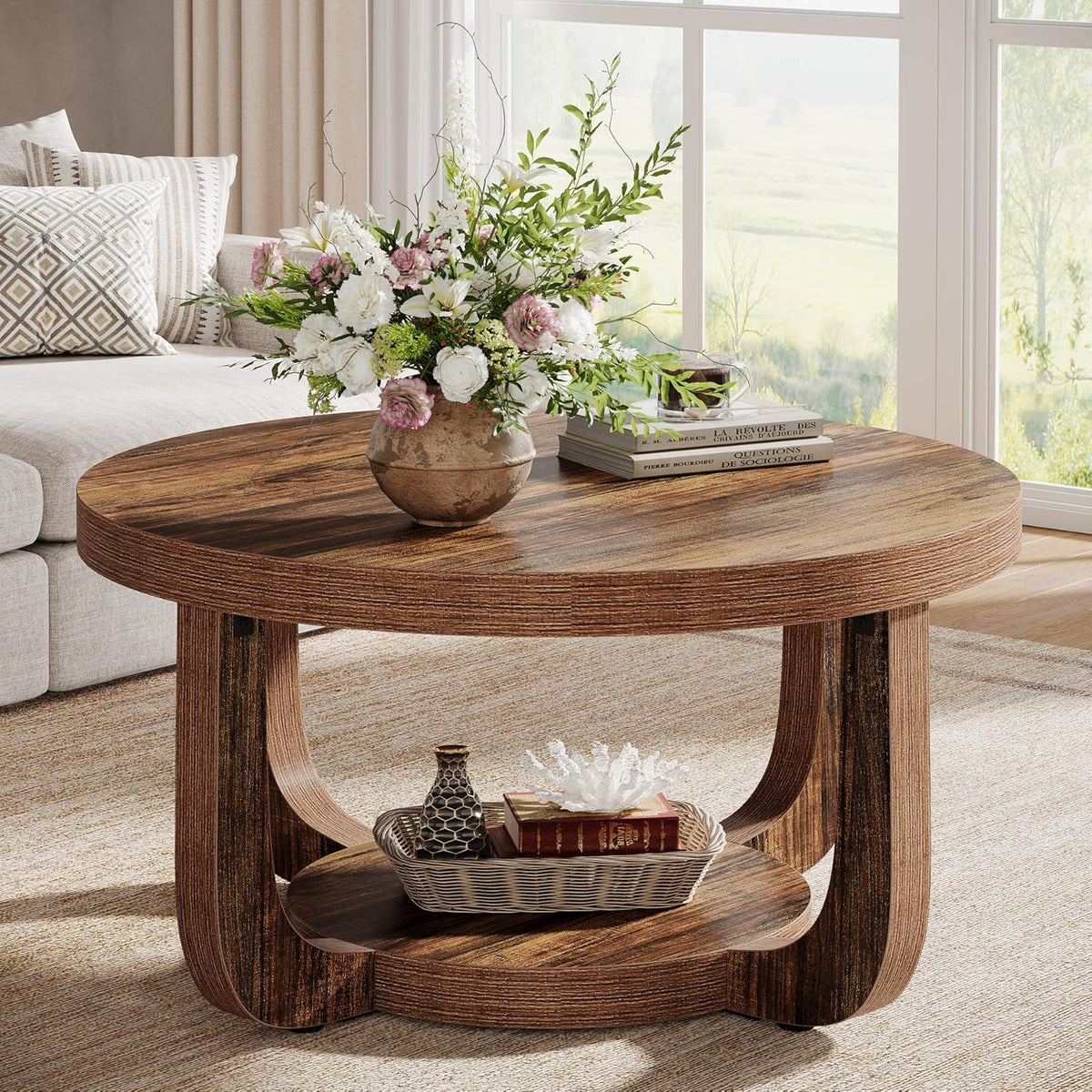 31.5" Round Coffee Table, Modern 2-Tier Circle Center Table with Storage