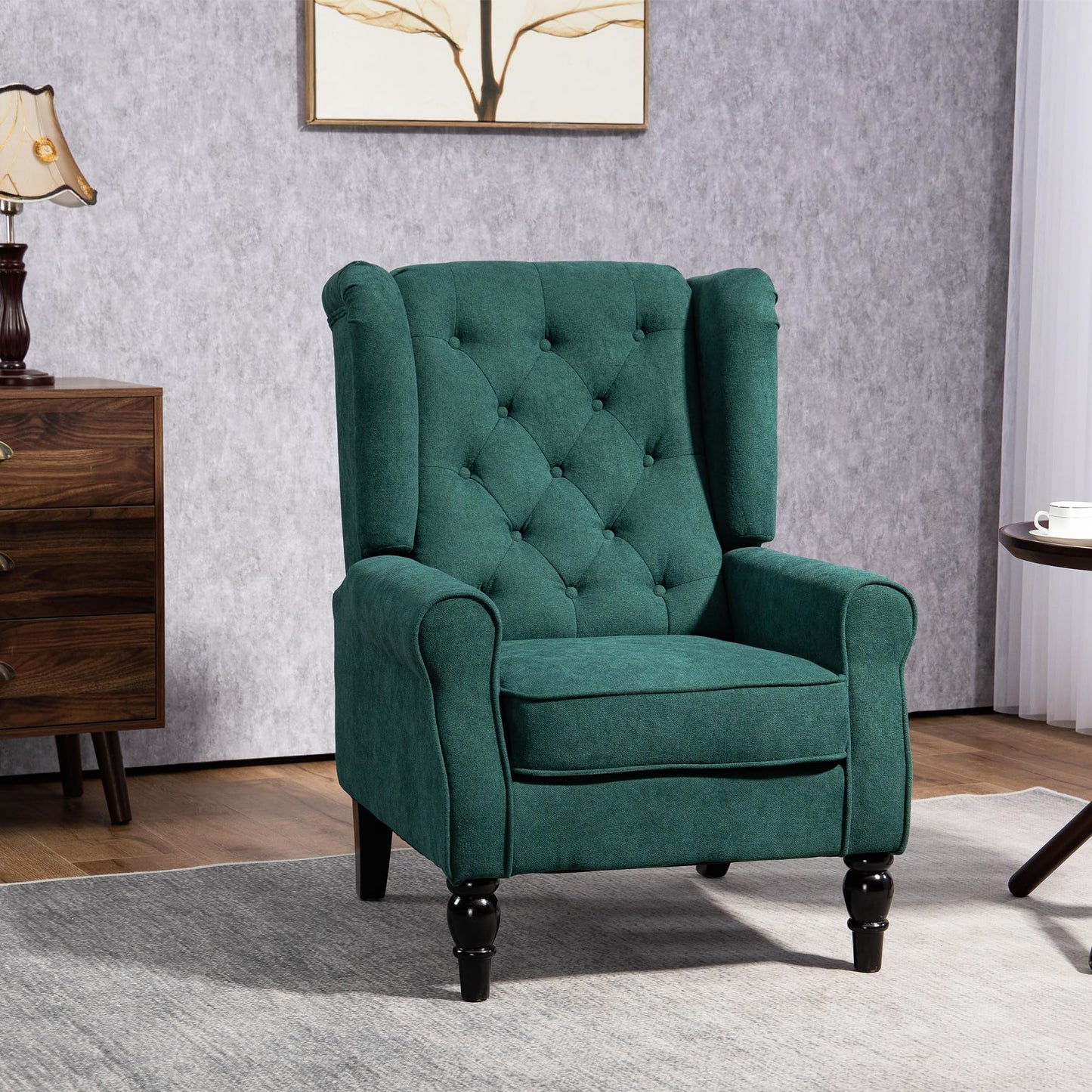 Fabric Accent Chair, Button Tufted Armchair, Upholstered Modern Living Room Chair, Wingback Chair with Wood Legs, Rolled Arms, Thick Padding for Bedroom, Blue