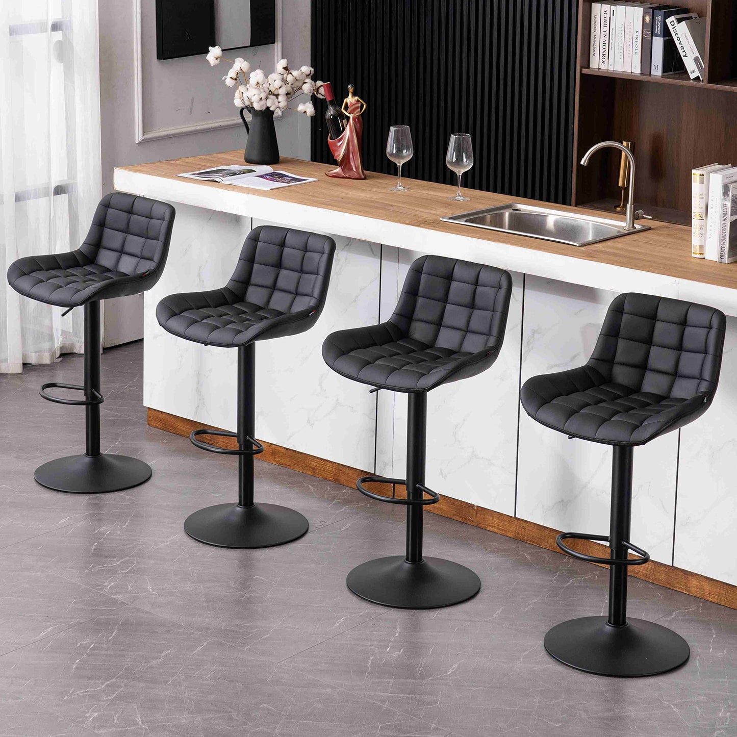 Grey Bar Stools Set of 2 Counter Height Bar Stool Faux Leather Upholstered Metal Barstools Modern Adjustable Swivel High Back Bar Chairs Home Kitchen Dining Island