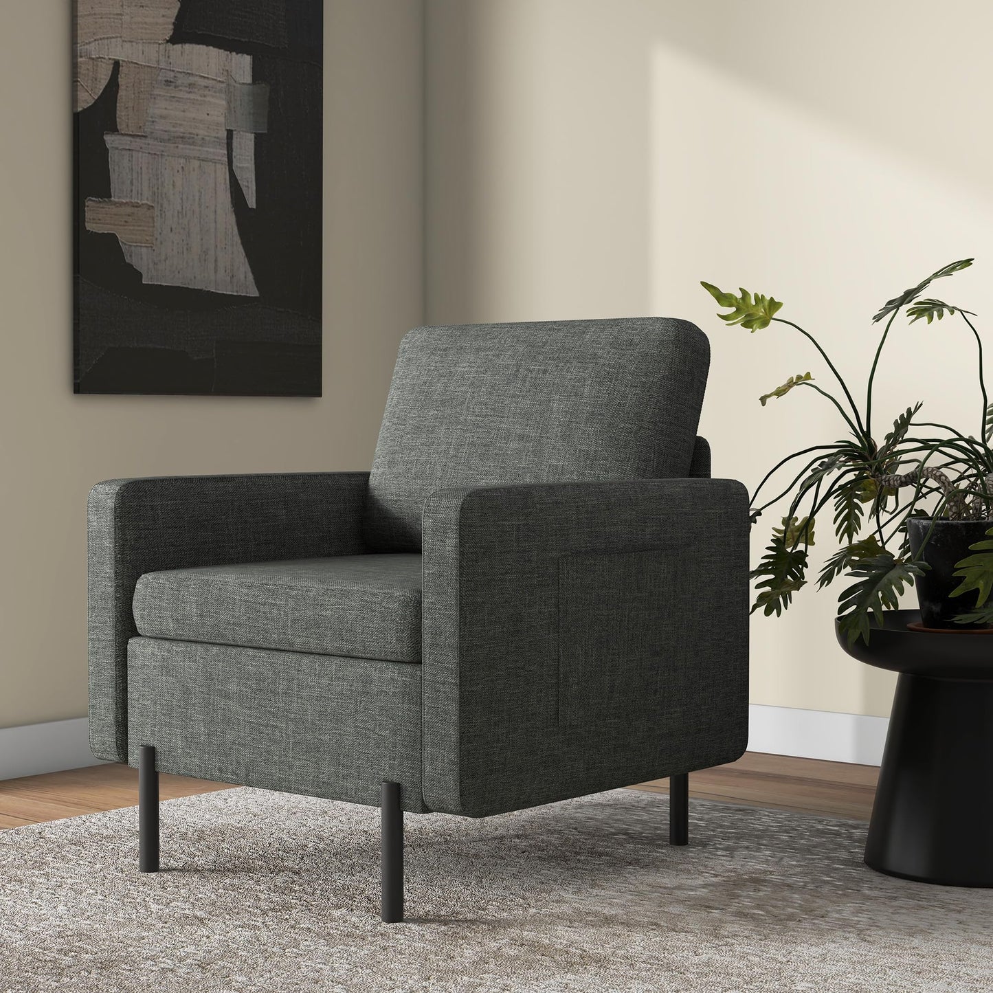Fabric Accent Chair, Armchair, Modern Living Room Chair with Metal Legs, 2 Side Pockets, Thick Padding for Bedroom, Cream White