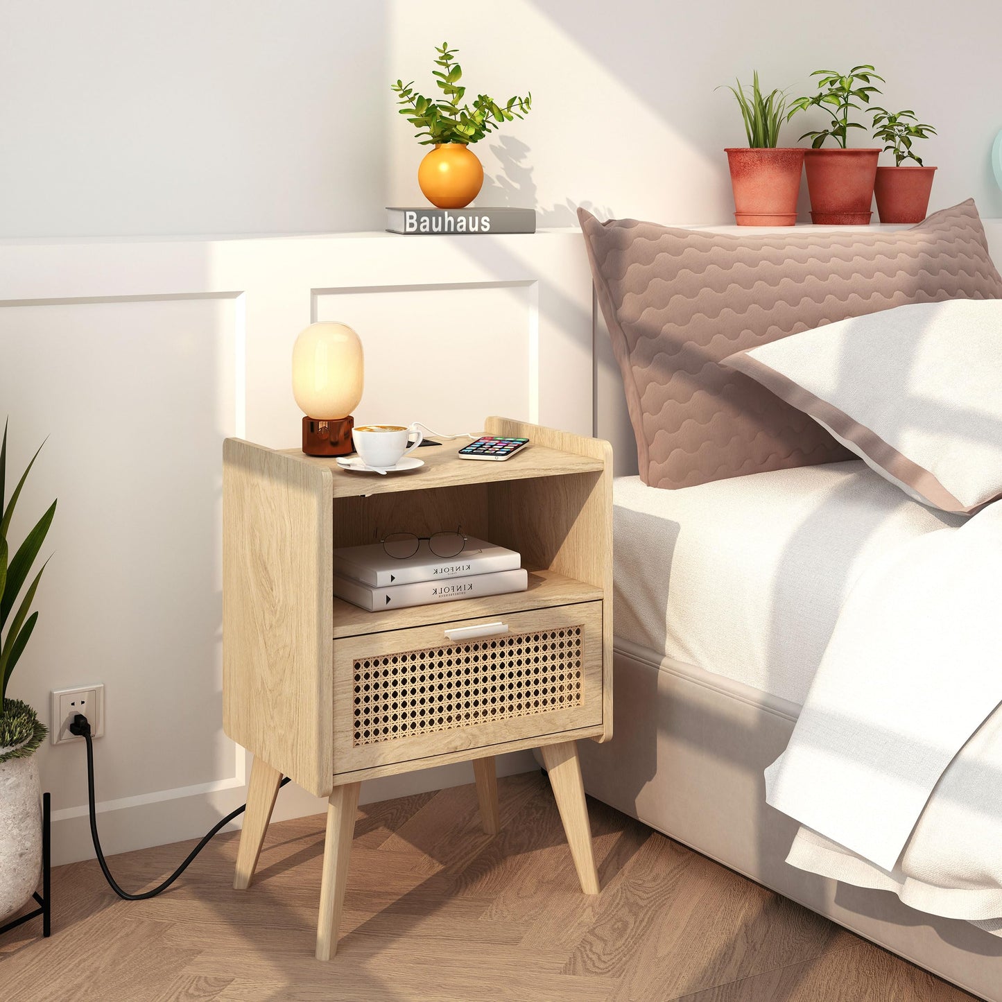 Rattan Nightstand,End Table with Rattan Door, Boho Bedside Table,Rattan Nightstand for Living Room,Bedroom,Dorm and Small Spaces,Natural CAACTG11Y