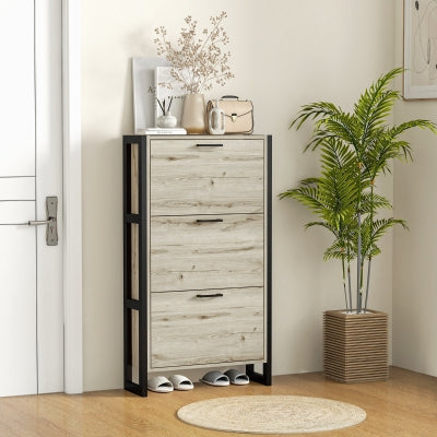 HOMCOM Rattan Shoe Cabinet with 3 Flip Drawers and Adjustable Shelves