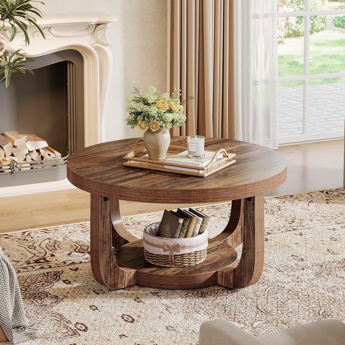31.5" Round Coffee Table, Modern 2-Tier Circle Center Table with Storage