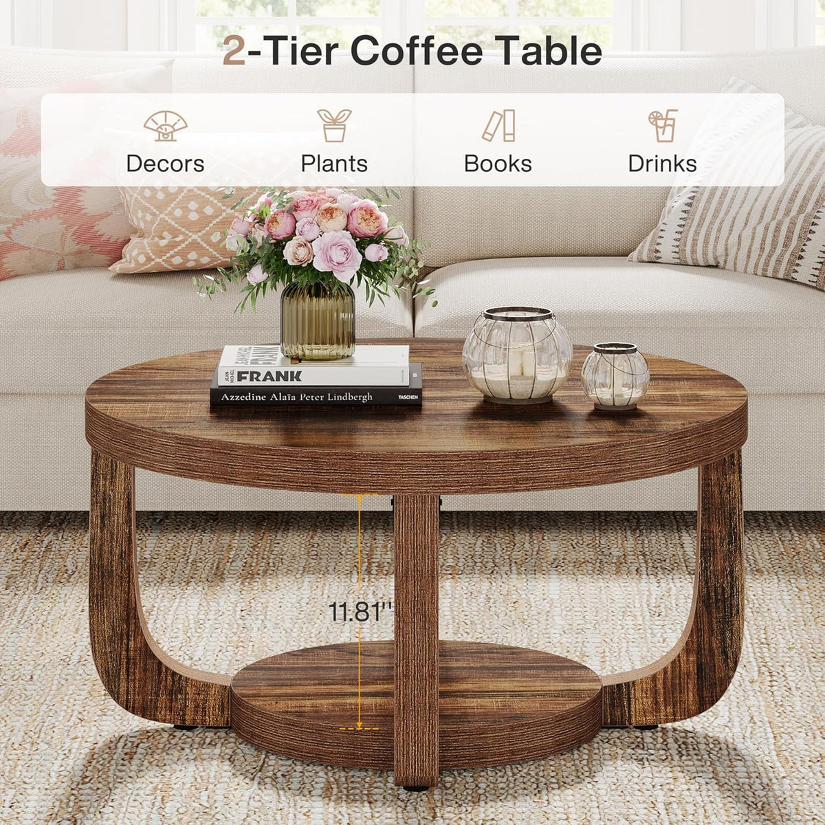 31.5" Round Coffee Table, Modern 2-Tier Circle Center Table with Storage