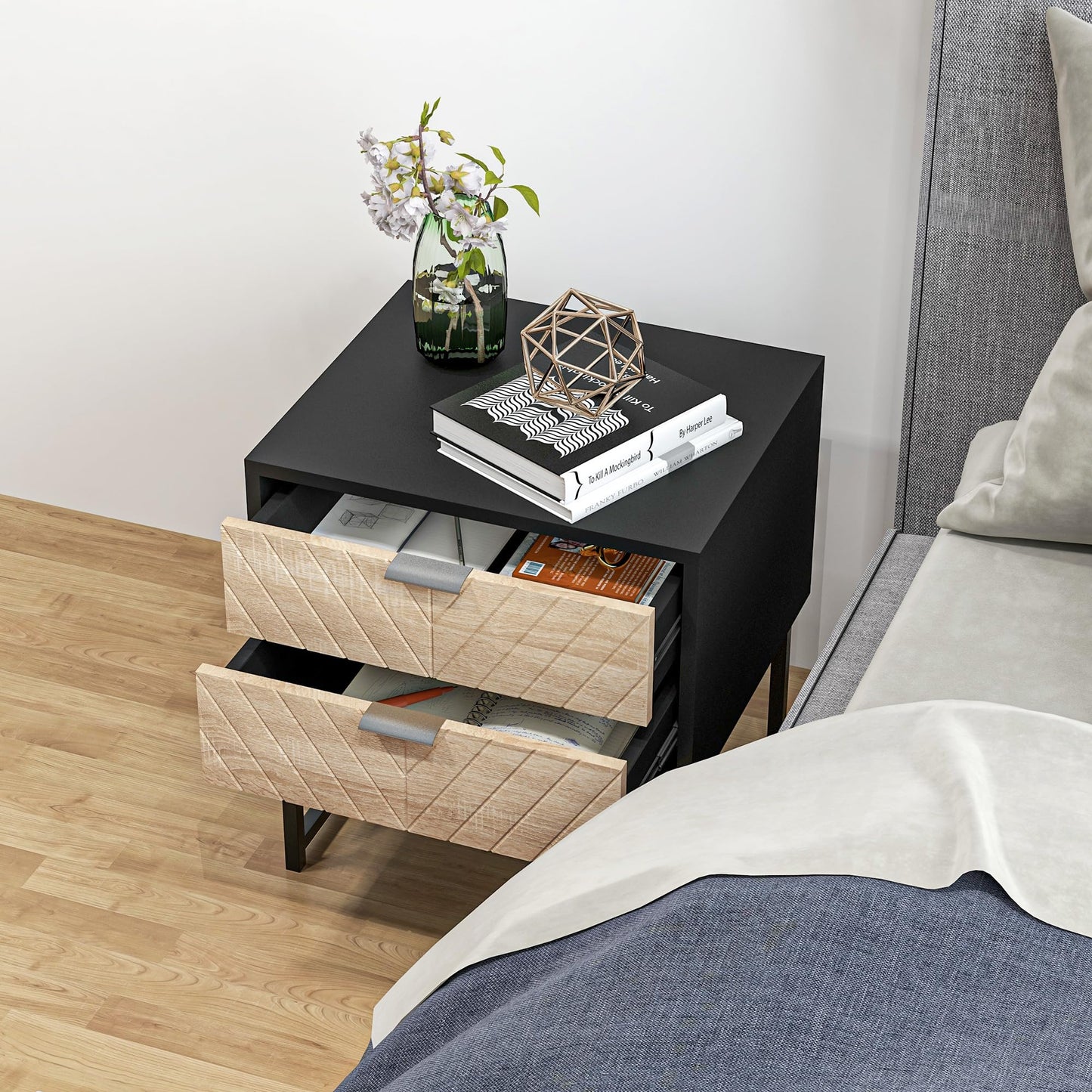 Modern Bedside Table with 2 Drawers, Nightstand with Metal Base, Sofa End Table for Bedroom, White