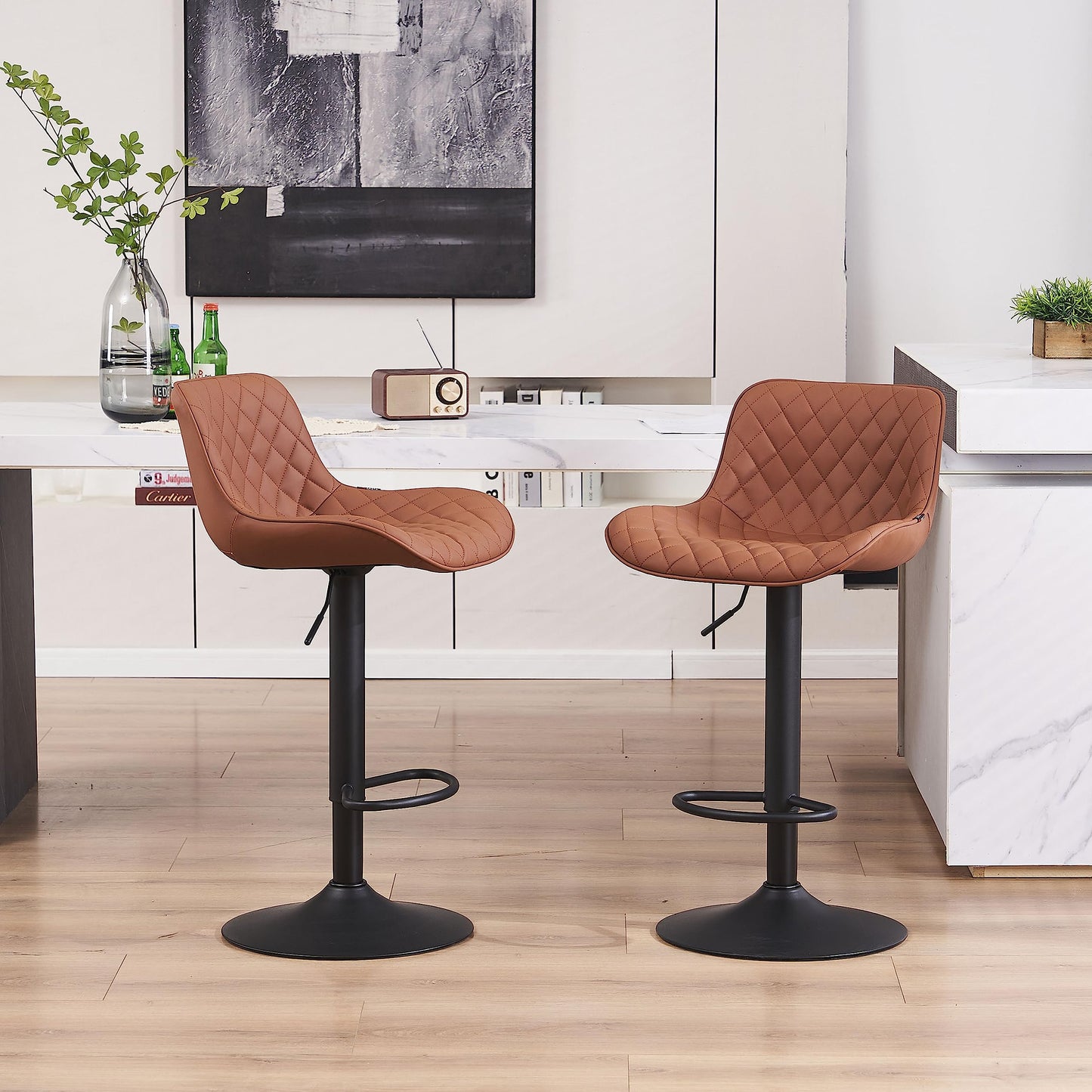 Grey Bar Stools Set of 2 Counter Height Bar Stool Faux Leather Upholstered Metal Barstools Modern Adjustable Swivel High Back Bar Chairs Home Kitchen Dining Island