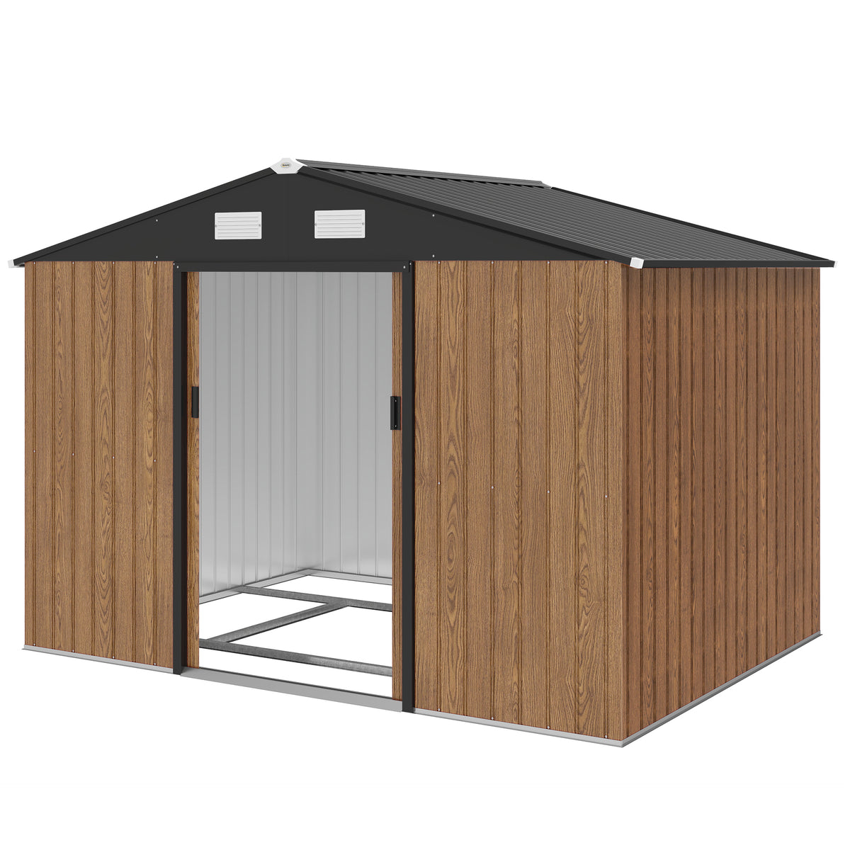 9.1'x6.4'x6.3' Garden Storage Shed, Outdoor Storage Tool House with Vents, Foundation and Lockable Double Doors – Teak