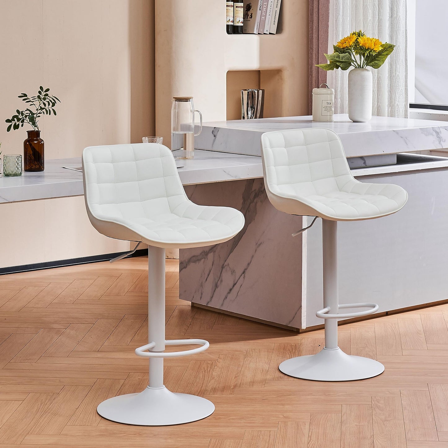 Grey Bar Stools Set of 2 Counter Height Bar Stool Faux Leather Upholstered Metal Barstools Modern Adjustable Swivel High Back Bar Chairs Home Kitchen Dining Island