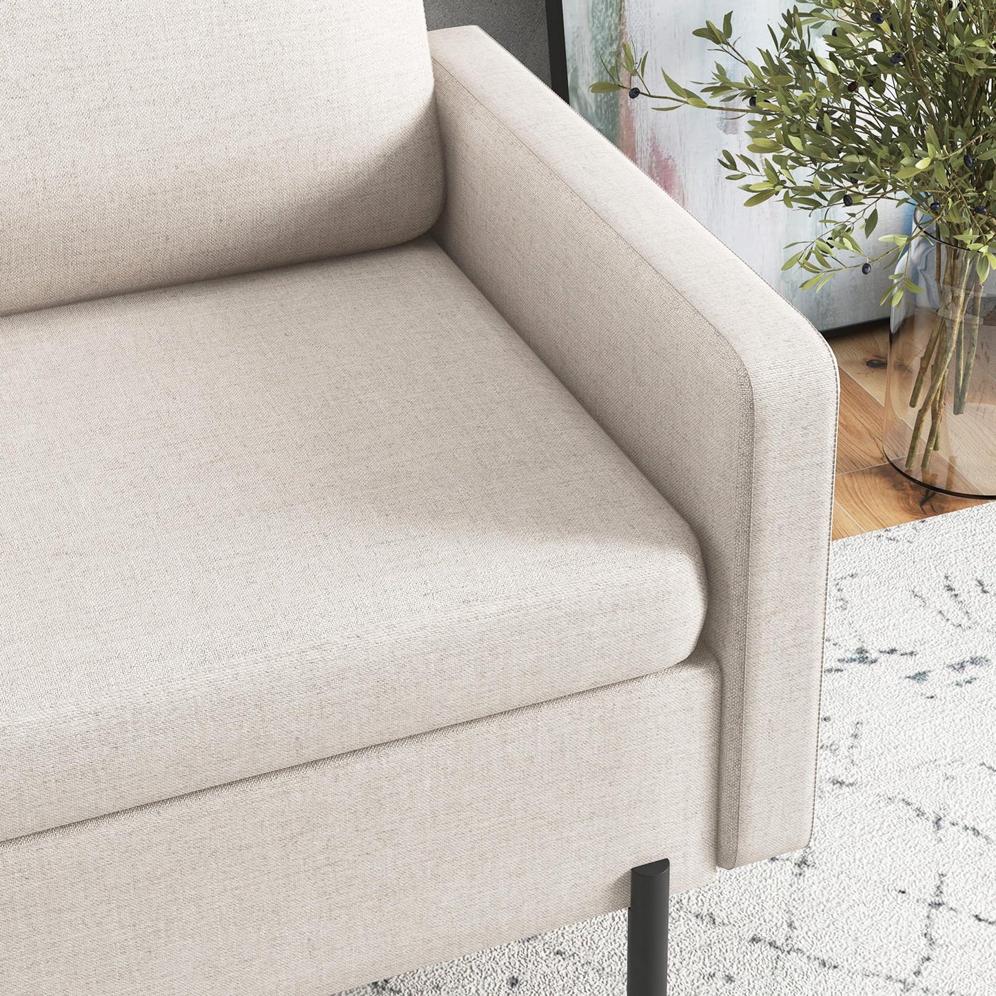 Fabric Accent Chair, Armchair, Modern Living Room Chair with Metal Legs, 2 Side Pockets, Thick Padding for Bedroom, Cream White
