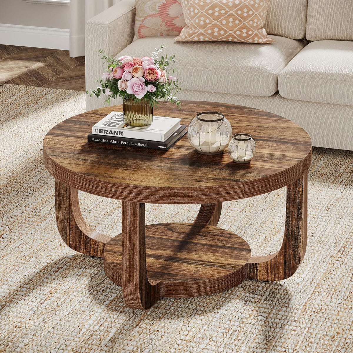31.5" Round Coffee Table, Modern 2-Tier Circle Center Table with Storage