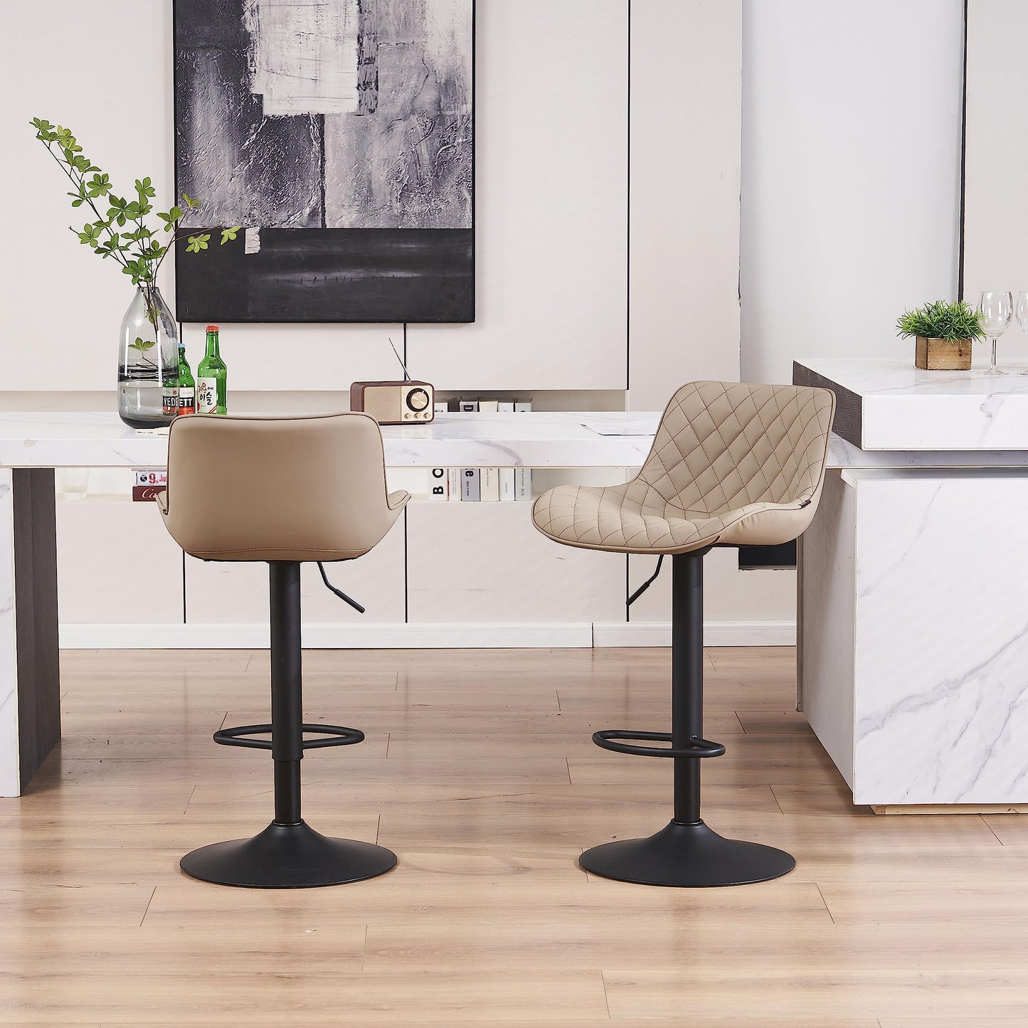 Grey Bar Stools Set of 2 Counter Height Bar Stool Faux Leather Upholstered Metal Barstools Modern Adjustable Swivel High Back Bar Chairs Home Kitchen Dining Island