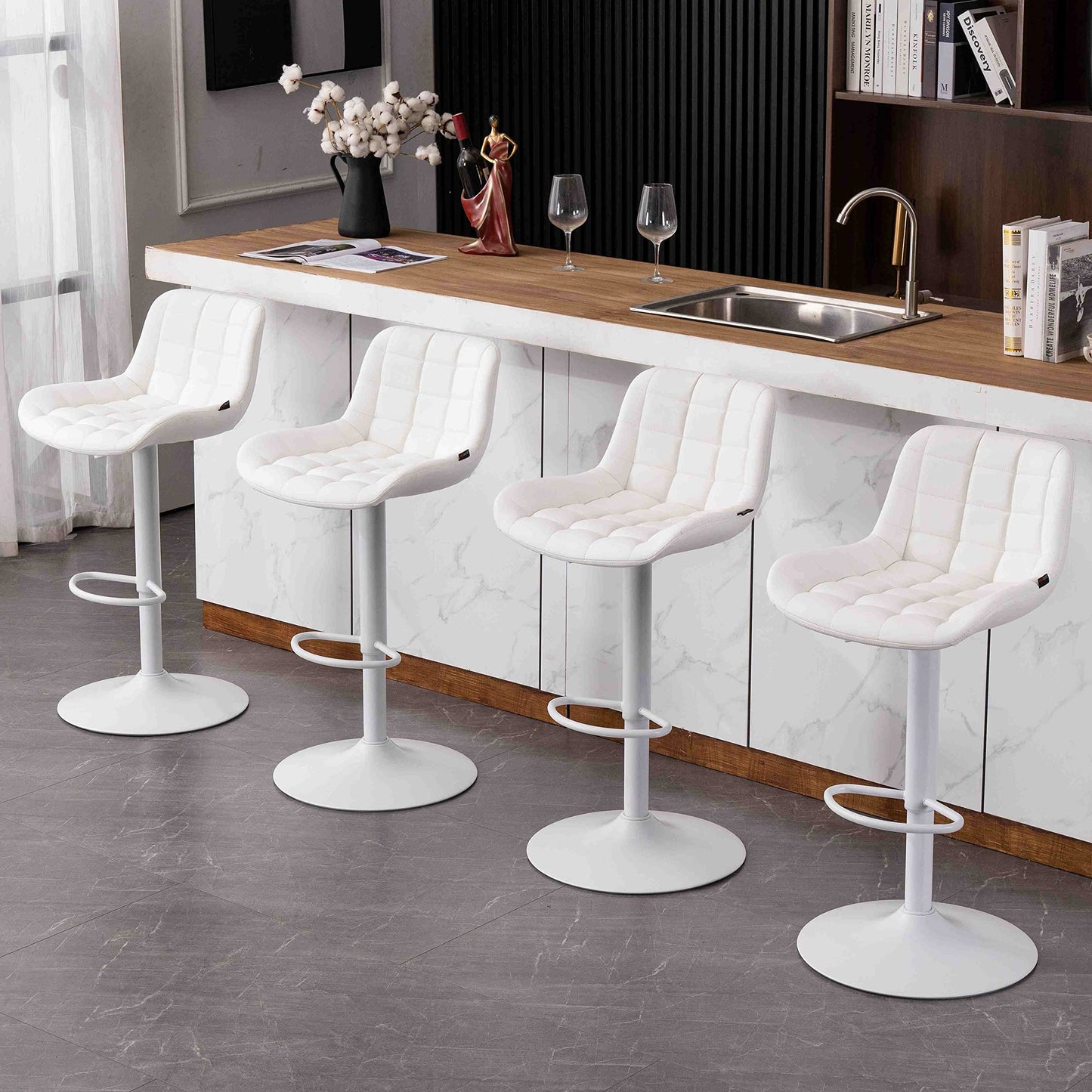 Grey Bar Stools Set of 2 Counter Height Bar Stool Faux Leather Upholstered Metal Barstools Modern Adjustable Swivel High Back Bar Chairs Home Kitchen Dining Island
