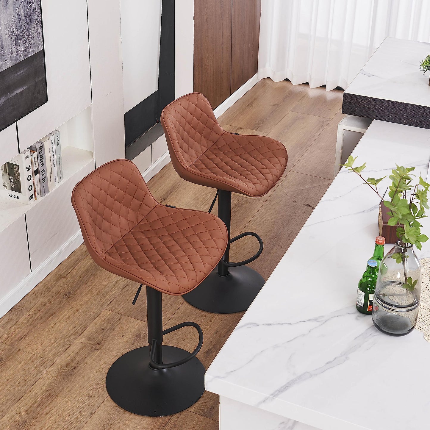 Grey Bar Stools Set of 2 Counter Height Bar Stool Faux Leather Upholstered Metal Barstools Modern Adjustable Swivel High Back Bar Chairs Home Kitchen Dining Island