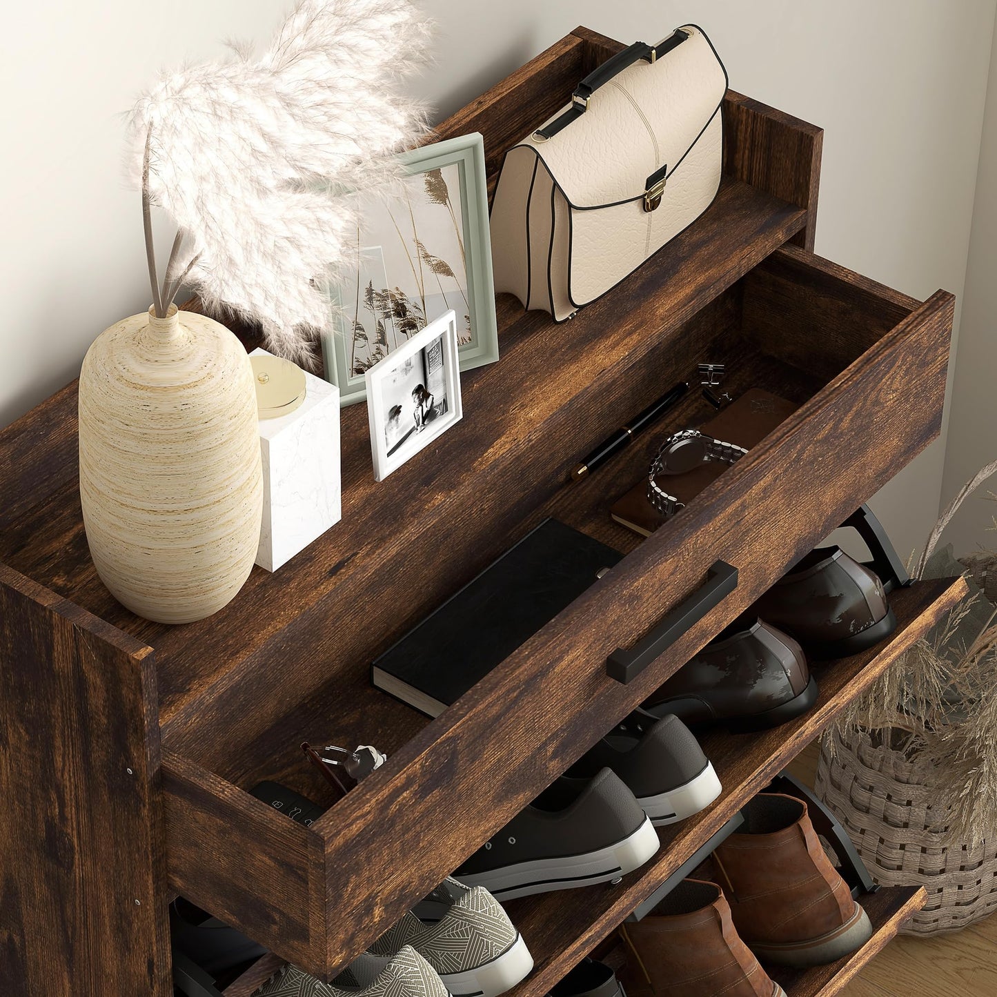 Narrow Shoe Cabinet, Industrial Shoe Storage Cabinet with 2 Flip Drawers, Adjustable Shelves and Top Drawer, Entryway Shoe Rack Cabinet for 12 Pairs, Distressed White