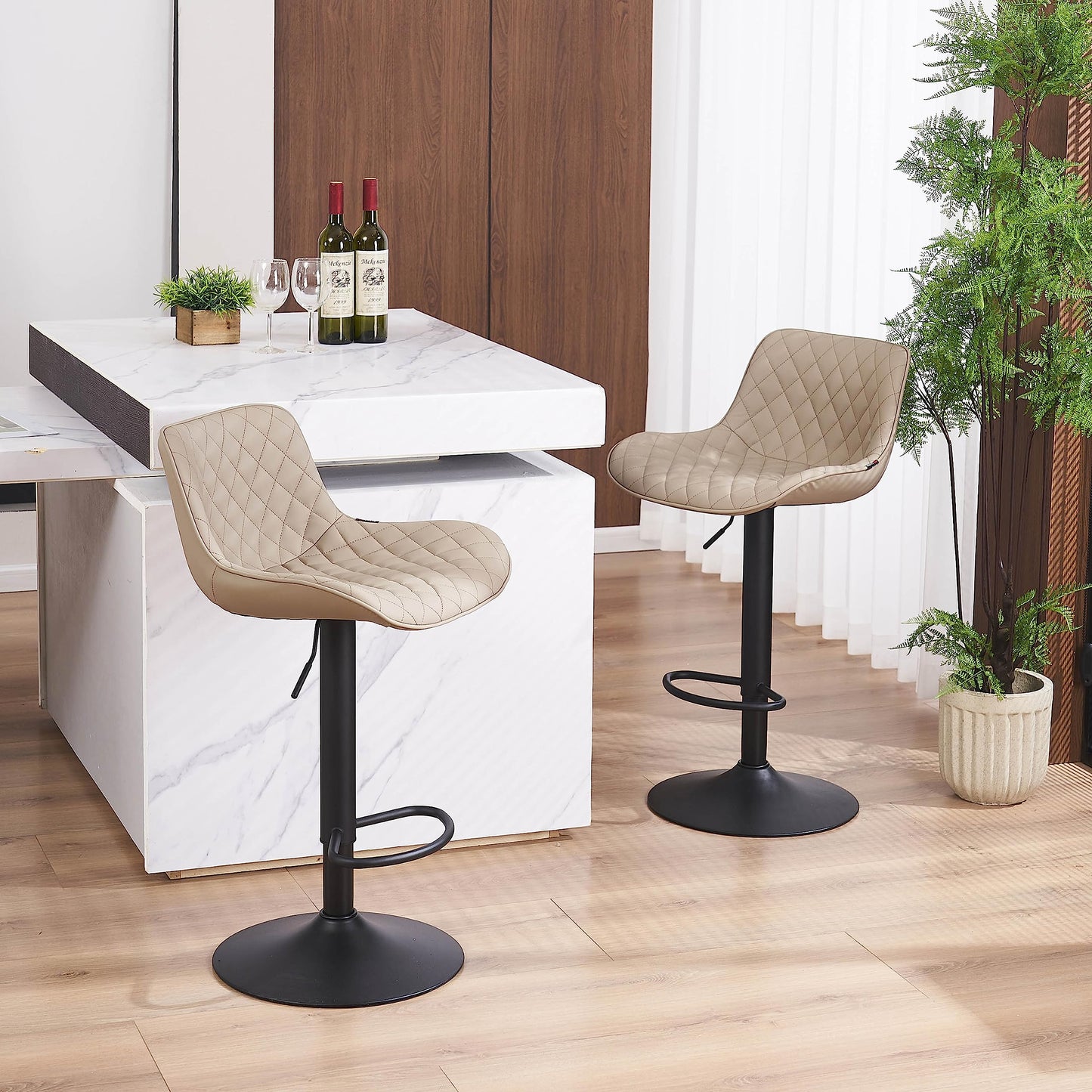 Grey Bar Stools Set of 2 Counter Height Bar Stool Faux Leather Upholstered Metal Barstools Modern Adjustable Swivel High Back Bar Chairs Home Kitchen Dining Island