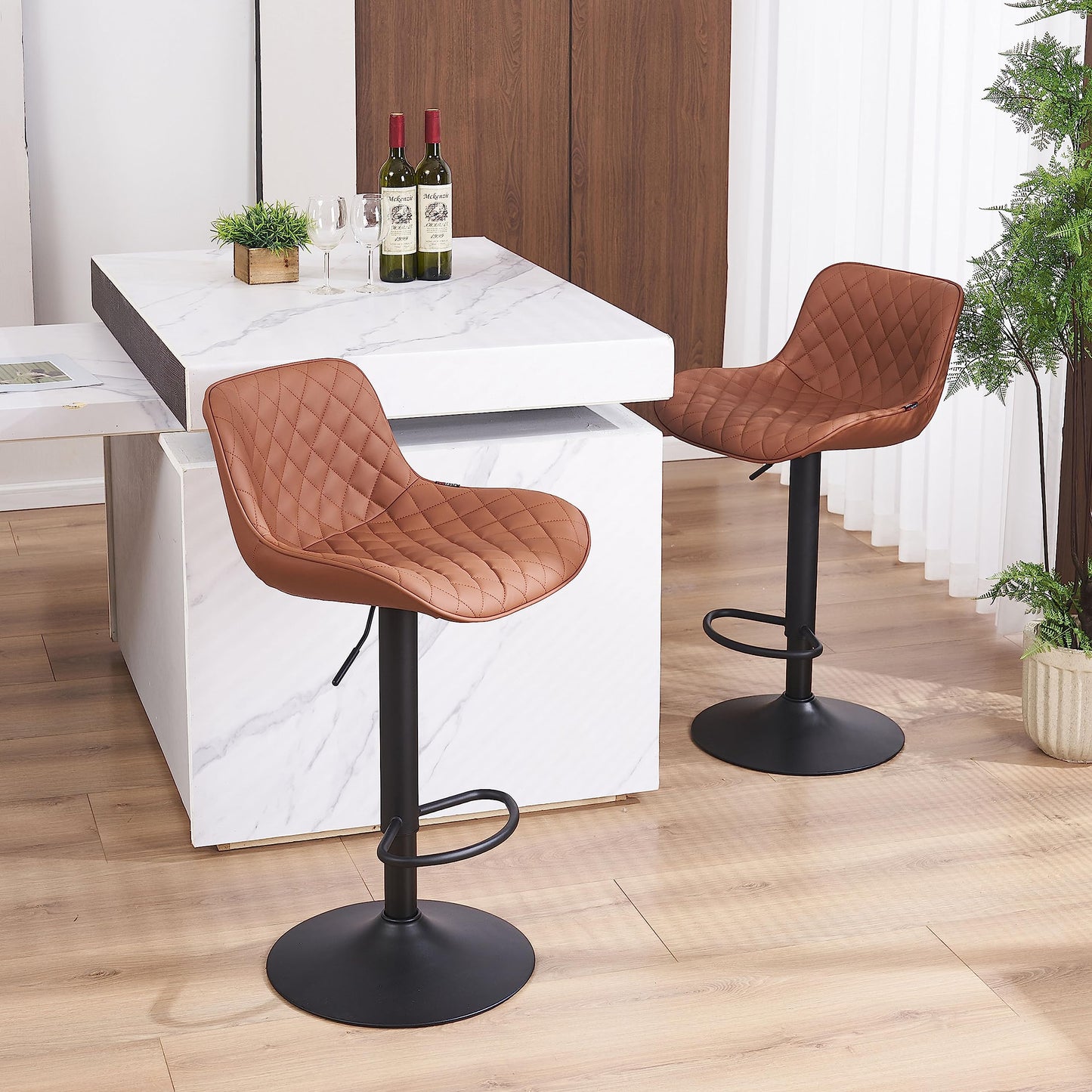 Grey Bar Stools Set of 2 Counter Height Bar Stool Faux Leather Upholstered Metal Barstools Modern Adjustable Swivel High Back Bar Chairs Home Kitchen Dining Island
