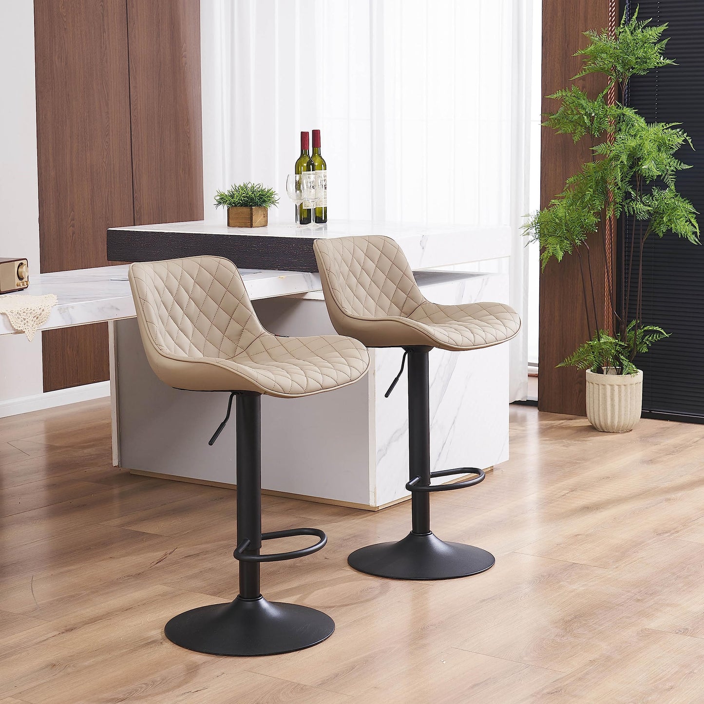 Grey Bar Stools Set of 2 Counter Height Bar Stool Faux Leather Upholstered Metal Barstools Modern Adjustable Swivel High Back Bar Chairs Home Kitchen Dining Island