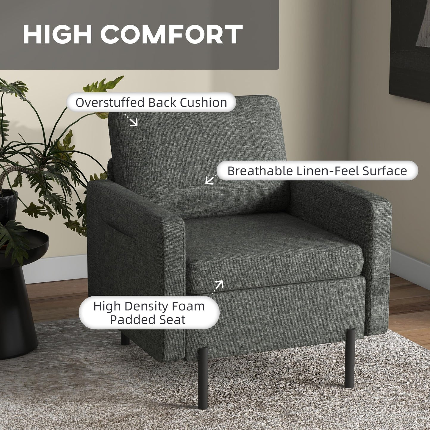 Fabric Accent Chair, Armchair, Modern Living Room Chair with Metal Legs, 2 Side Pockets, Thick Padding for Bedroom, Cream White