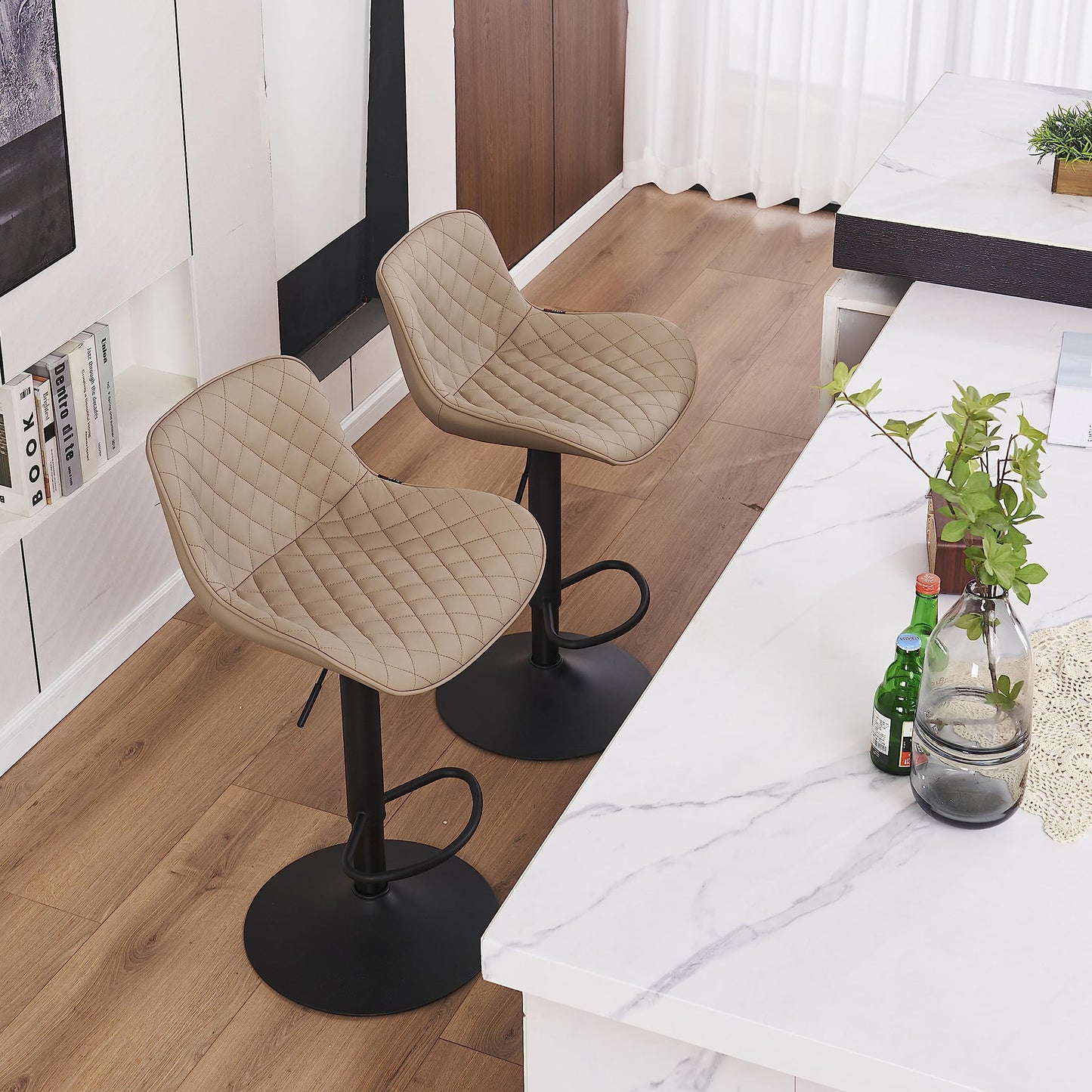 Grey Bar Stools Set of 2 Counter Height Bar Stool Faux Leather Upholstered Metal Barstools Modern Adjustable Swivel High Back Bar Chairs Home Kitchen Dining Island