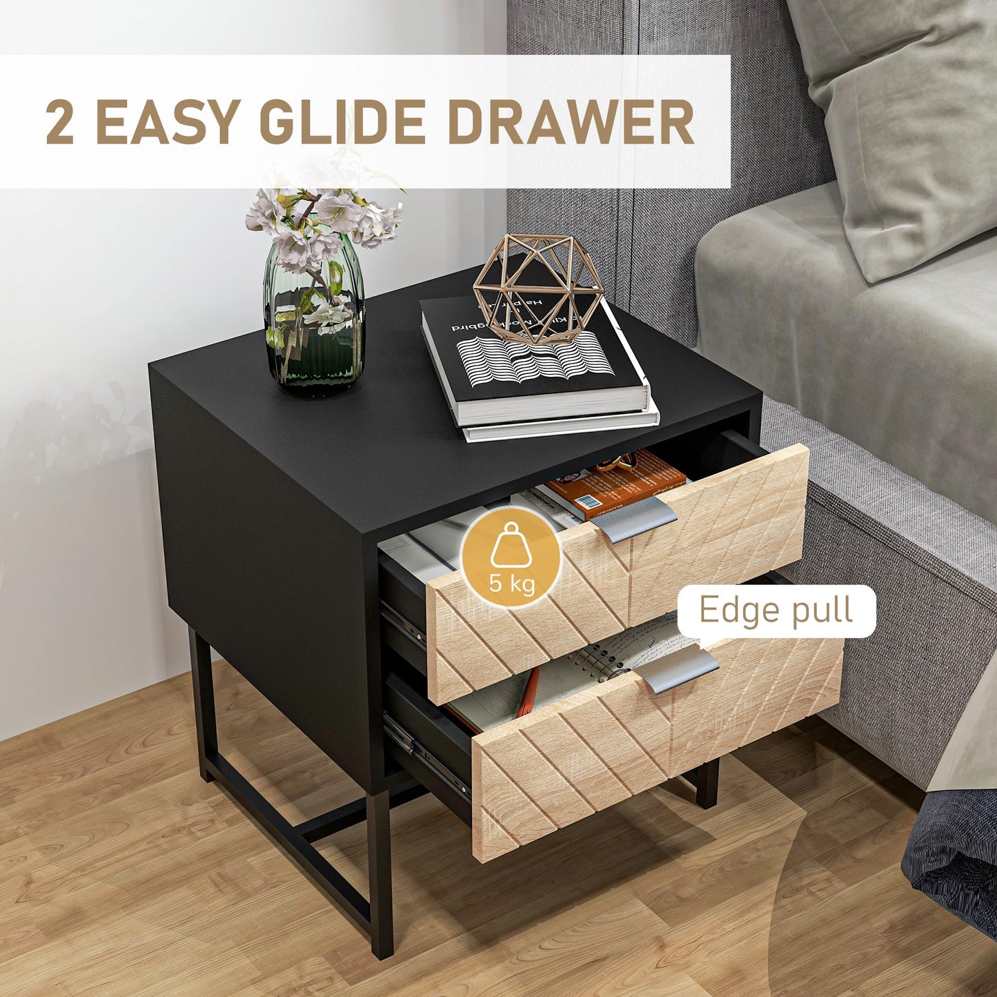 Modern Bedside Table with 2 Drawers, Nightstand with Metal Base, Sofa End Table for Bedroom, White