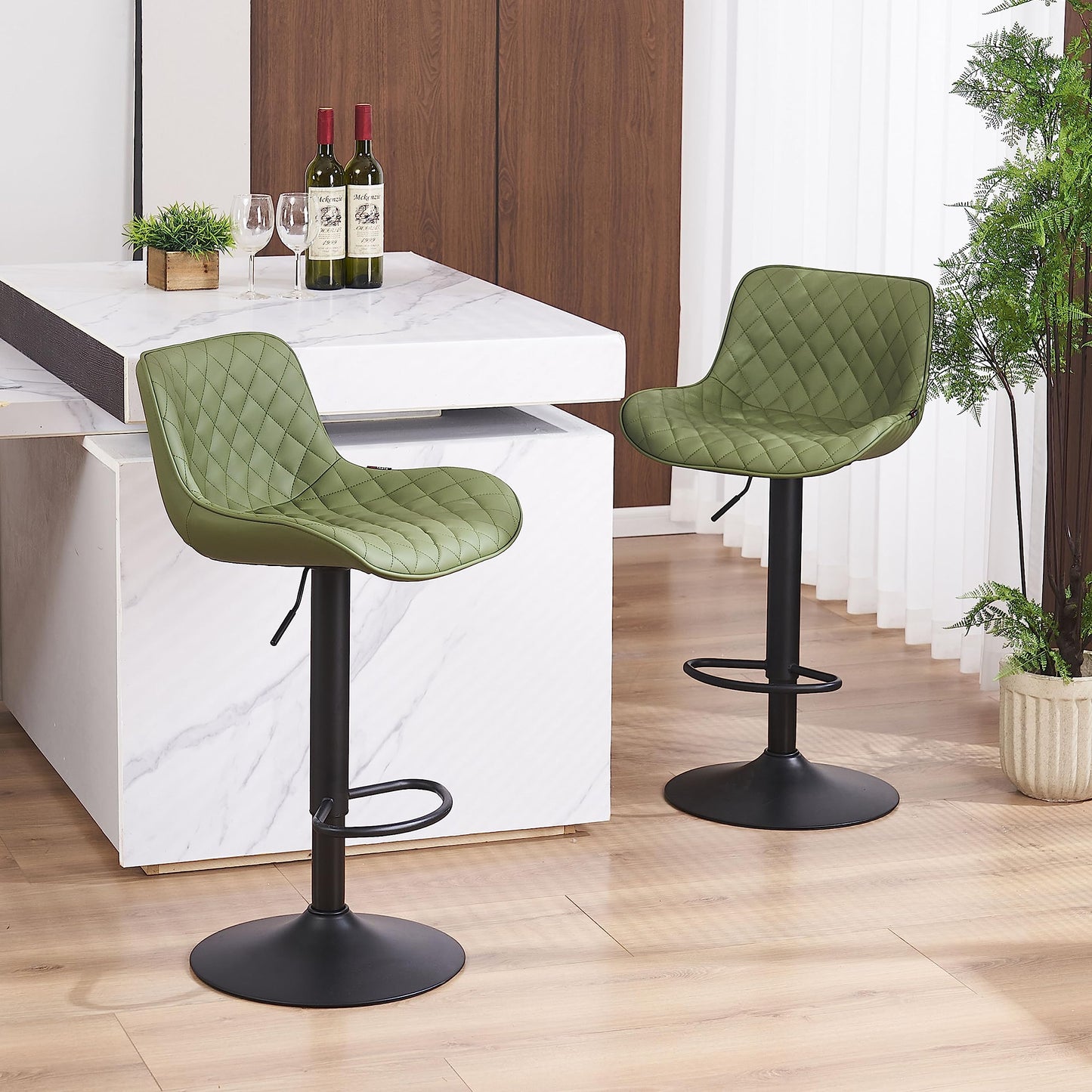 Grey Bar Stools Set of 2 Counter Height Bar Stool Faux Leather Upholstered Metal Barstools Modern Adjustable Swivel High Back Bar Chairs Home Kitchen Dining Island