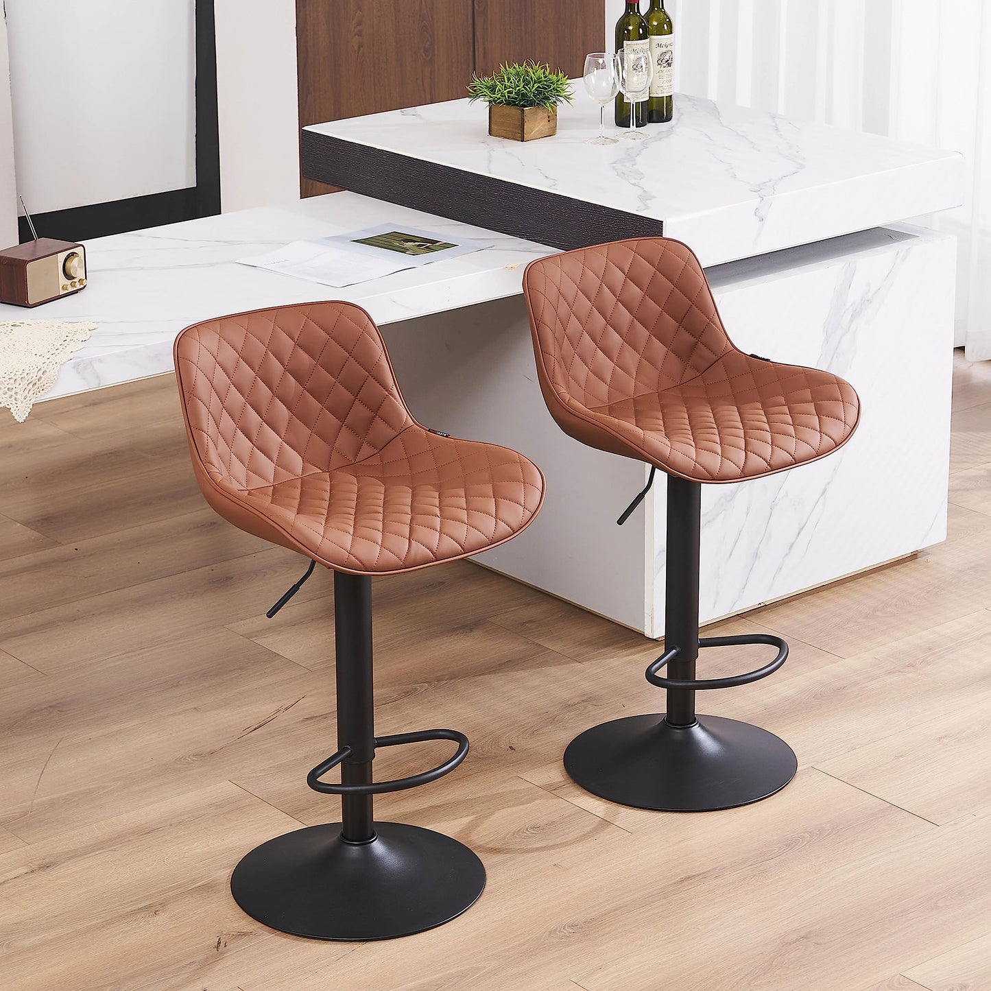 Grey Bar Stools Set of 2 Counter Height Bar Stool Faux Leather Upholstered Metal Barstools Modern Adjustable Swivel High Back Bar Chairs Home Kitchen Dining Island