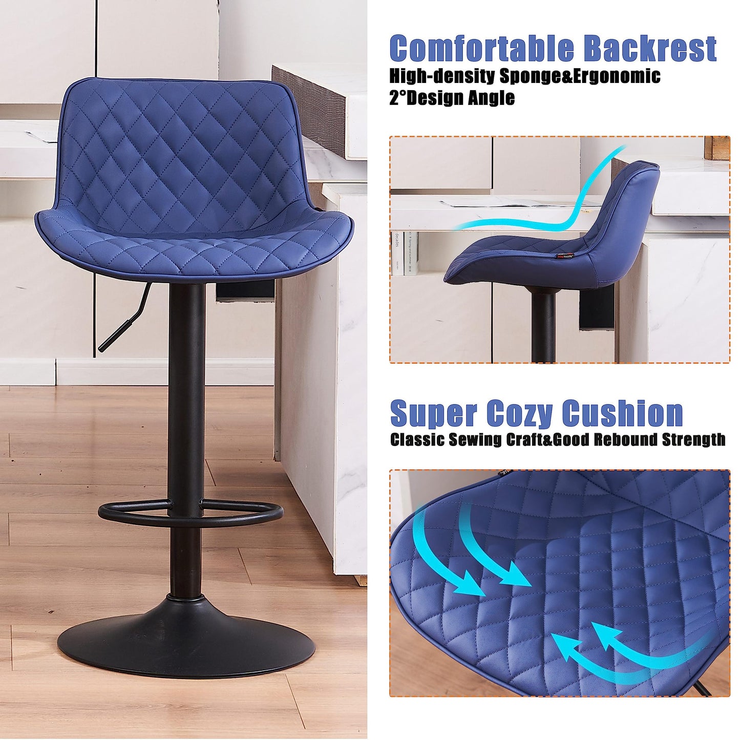Grey Bar Stools Set of 2 Counter Height Bar Stool Faux Leather Upholstered Metal Barstools Modern Adjustable Swivel High Back Bar Chairs Home Kitchen Dining Island