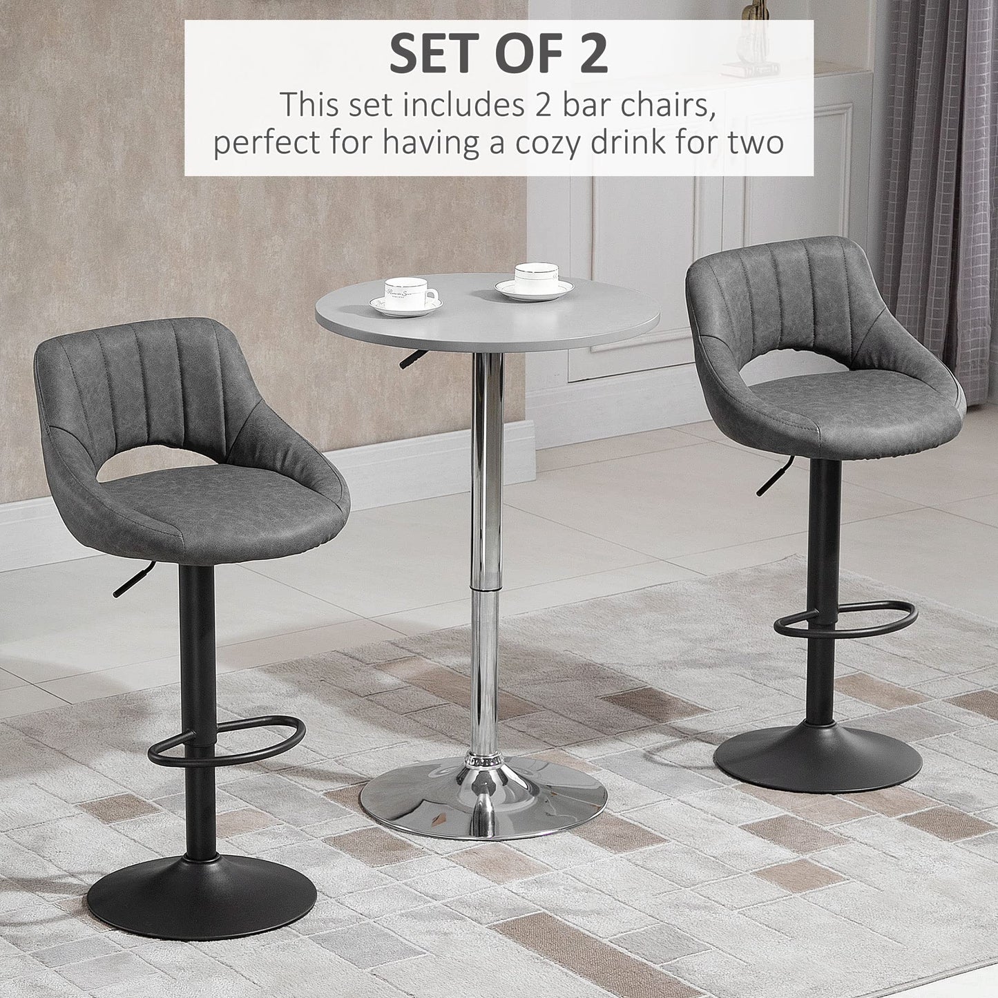 Bar Stools Set of 2, Swivel Counter Height Barstools with Adjustable Height, Faux Leather Upholstered Bar Chairs with Round Metal Base and Footrest, Grey