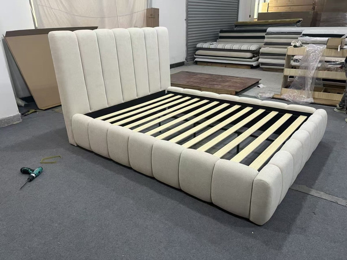Channel-Tufted Bed Frame – Beige