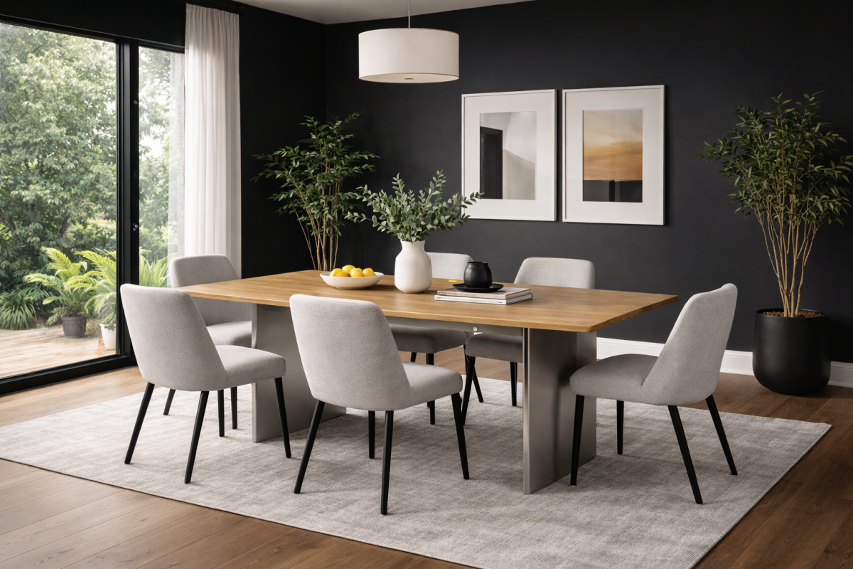 Industrial Mango Wood Dining Table – Oak/Matte Chrome