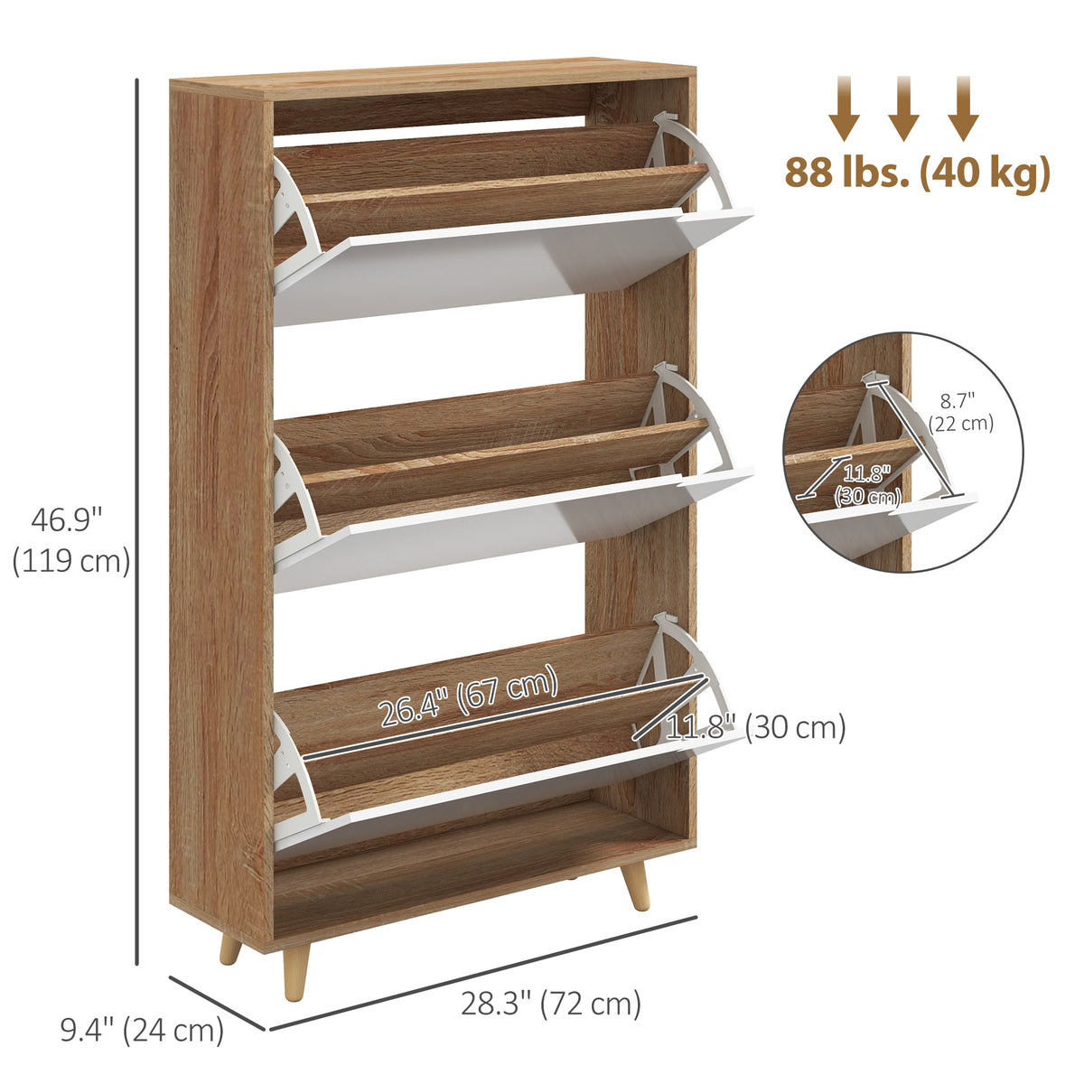 Slim Shoe Storage Cabinet with 3 Flip Drawers – 28"W x 47"H