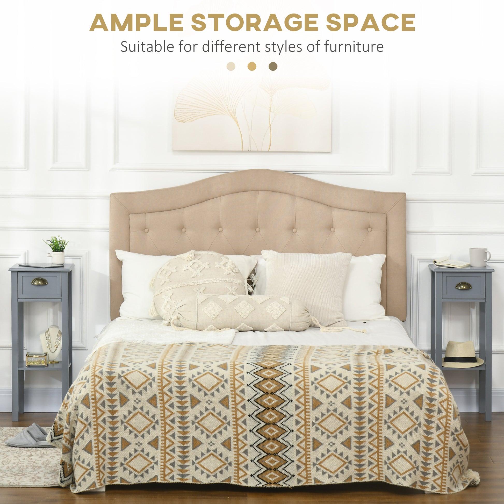 HOMCOM Set of 2 Slim Grey Wooden Nightstands with Drawer and Shelf