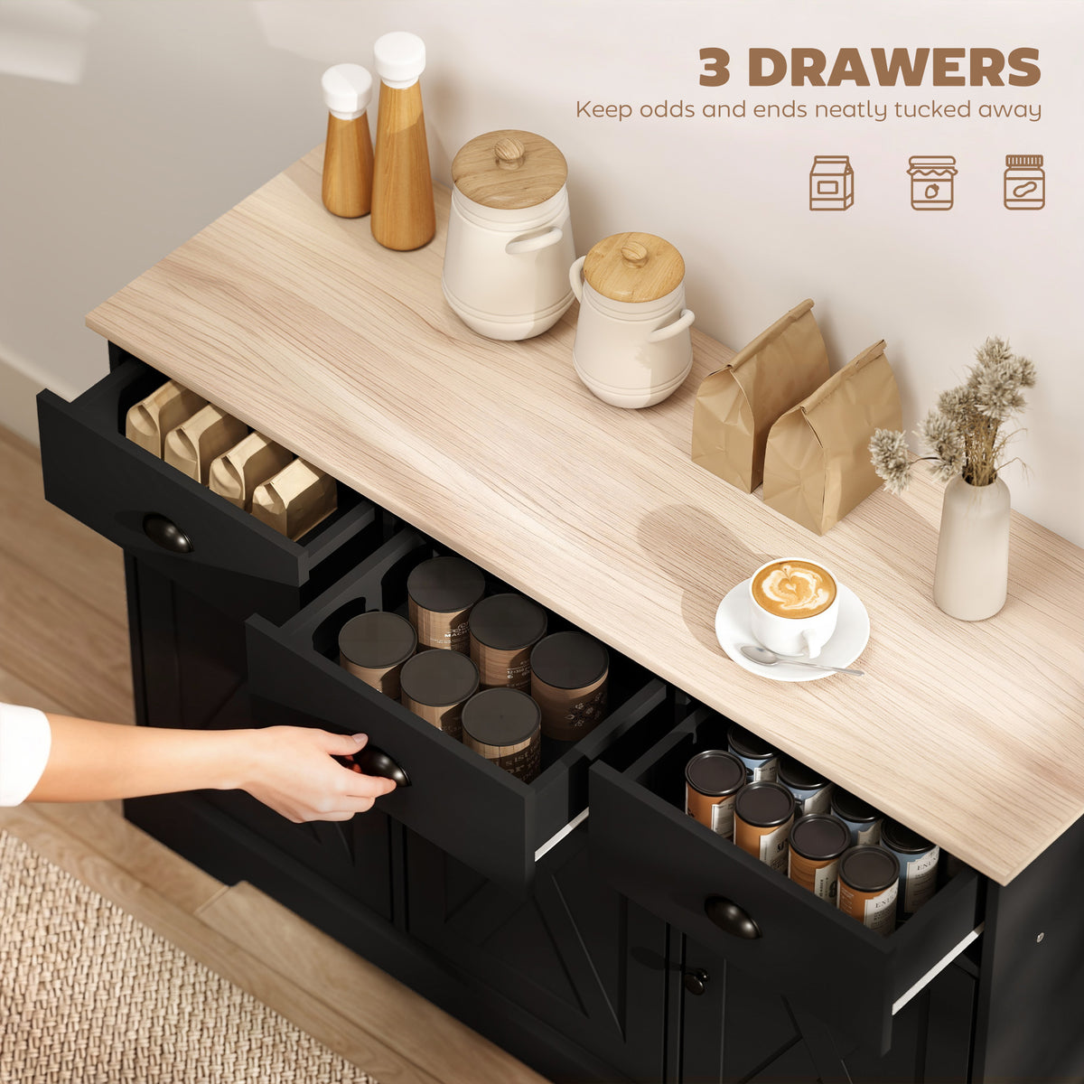 Farmhouse Sideboard with 3 Barn Doors and 3 Drawers – 47"W x 30"H
