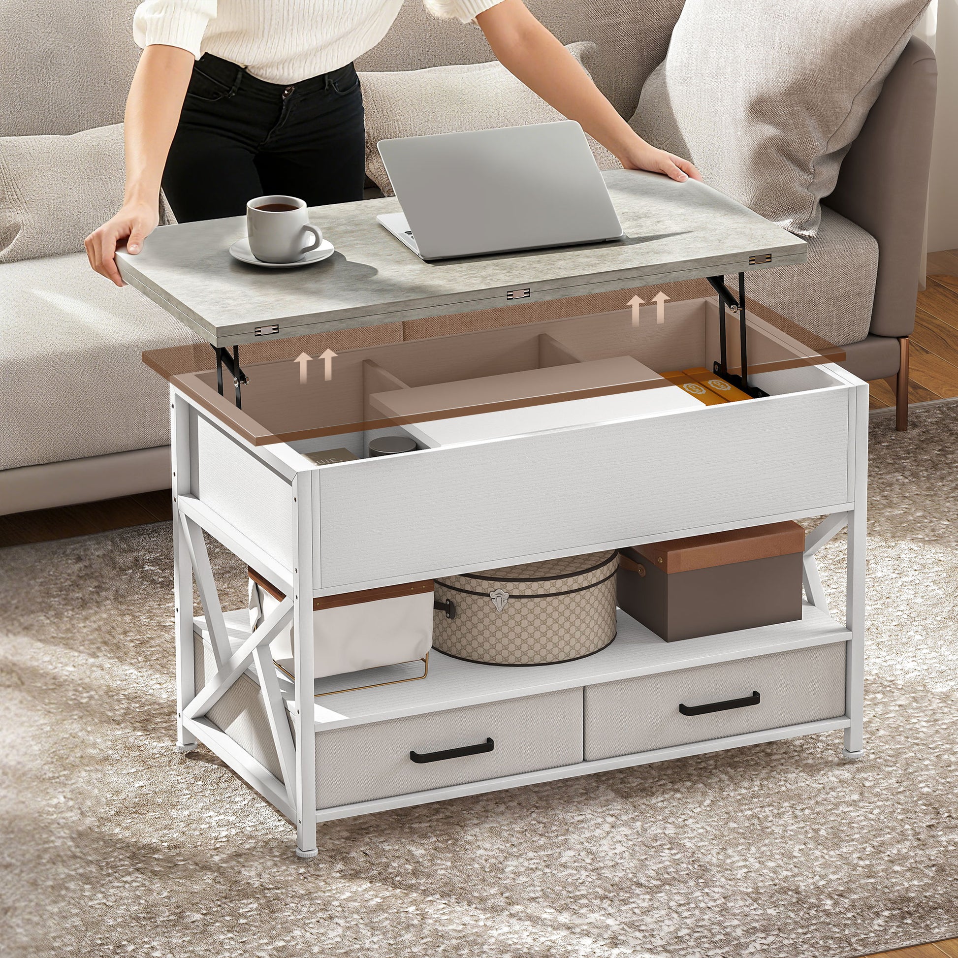 HOMCOM Modern Lift-Top Coffee Table with Fabric Drawers and Hidden Storage