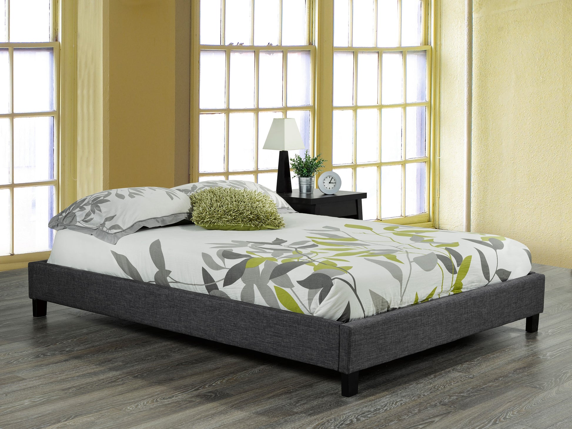 Soho Grey Twin Platform Bed Frame with Bentwood Slats, Polyester Fabric