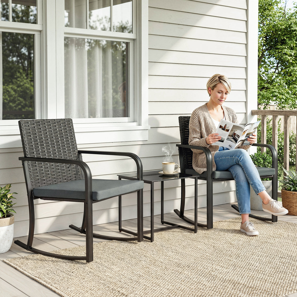 3 Pieces Rocking Bistro Set Outdoor Patio Furniture Set with Cushions, Glass Coffee Table for Balcony – Grey