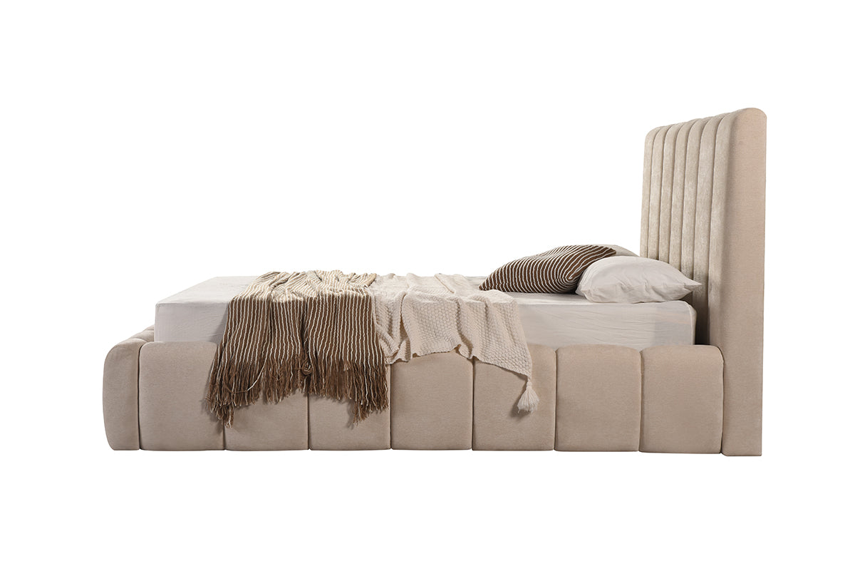 Channel-Tufted Bed Frame – Beige