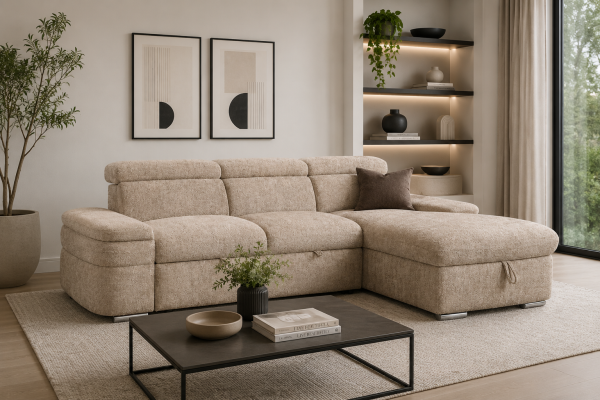 RHF Sectional Sleeper Beige Multi-Functional Pull-Out Sofa With Storage