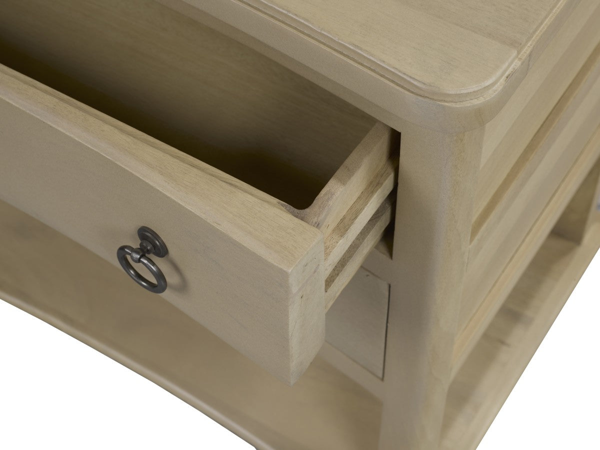 Sonnet Mango Wood 2-Drawer Night Stand, Open Shelf, Grey Wash