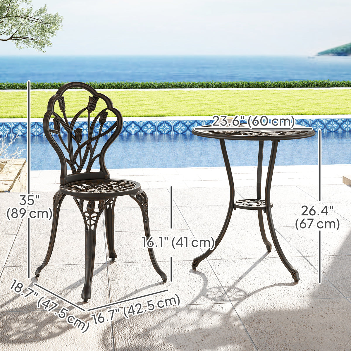 3PCs Patio Bistro Set, Outdoor Cast Aluminum Garden Table and Chairs with Umbrella Hole for Balcony, Bronze – Bronze
