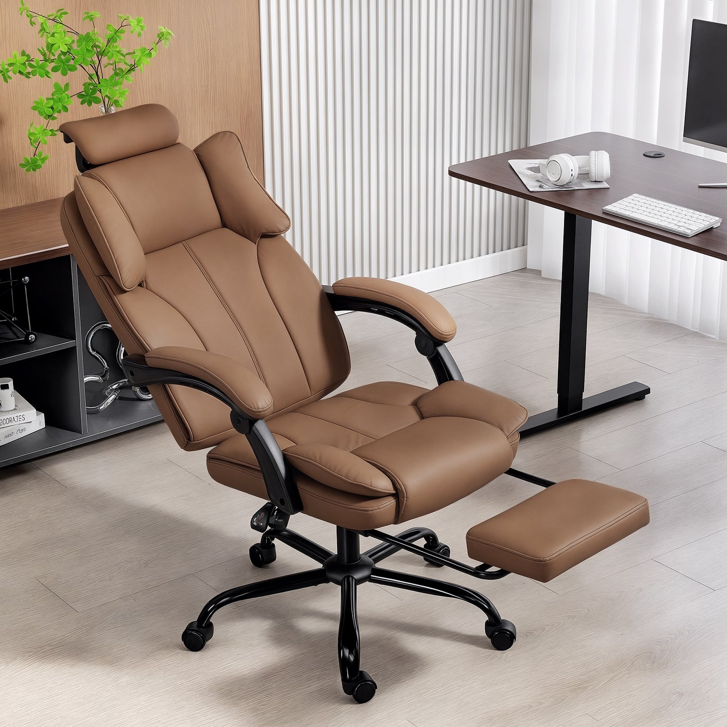 HOMCOM Executive Reclining Office Chair, Pet-Friendly Fabric, Footrest, Swivel Wheels, Brown