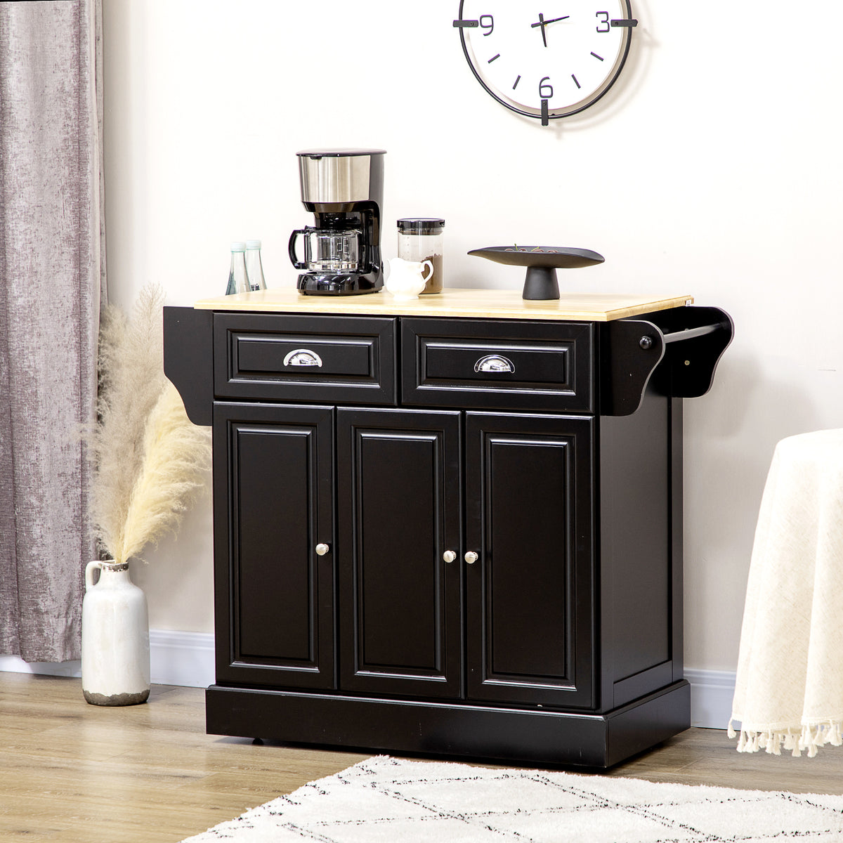 Rolling Kitchen Island with Rubberwood Top and Towel Rack – 43"W x 36"H