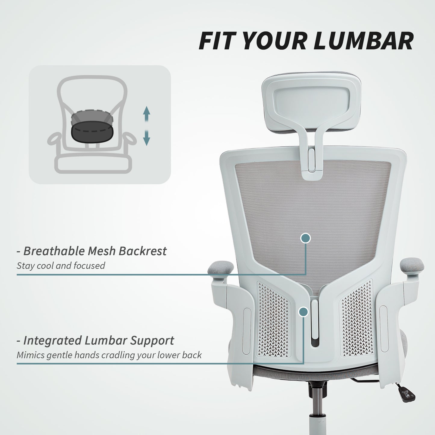 HOMCOM Ergonomic Grey Mesh Office Chair, Adjustable Lumbar, Headrest, Flip-Up Armrests